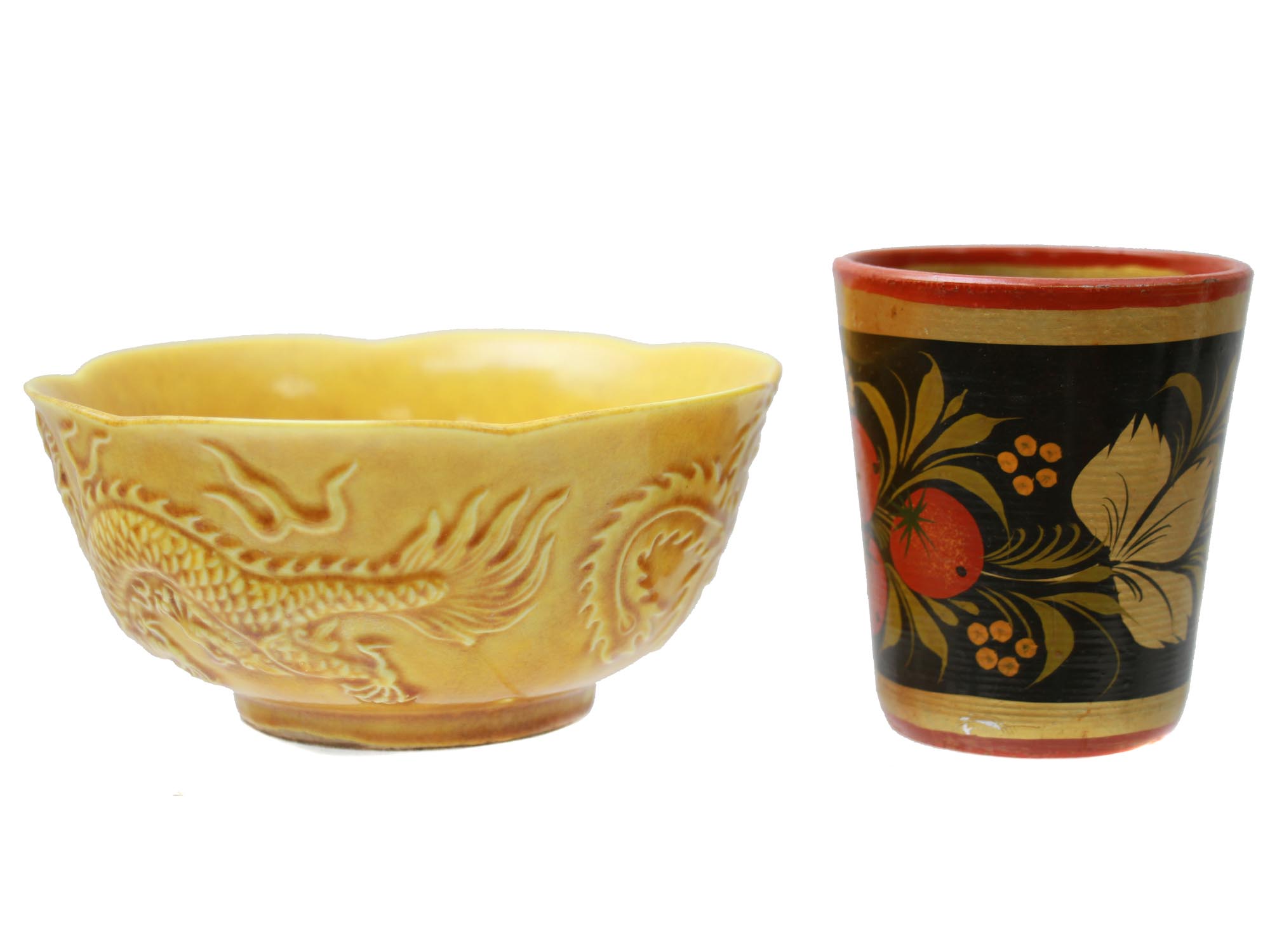 SET OF CHINESE CERAMIC BOWL AND RUSSIAN WOOD MUG PIC-2