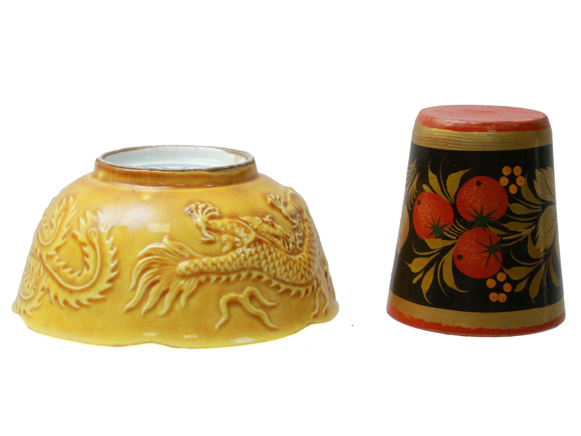 SET OF CHINESE CERAMIC BOWL AND RUSSIAN WOOD MUG PIC-4