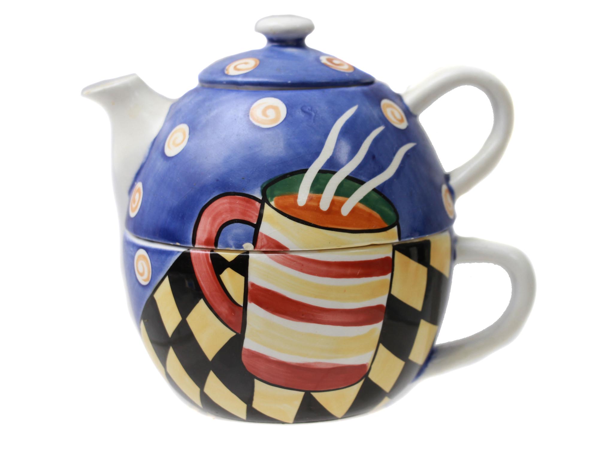 JAZZ CAFE HAND PAINTED CERAMIC TEA POT & CUP SET PIC-0