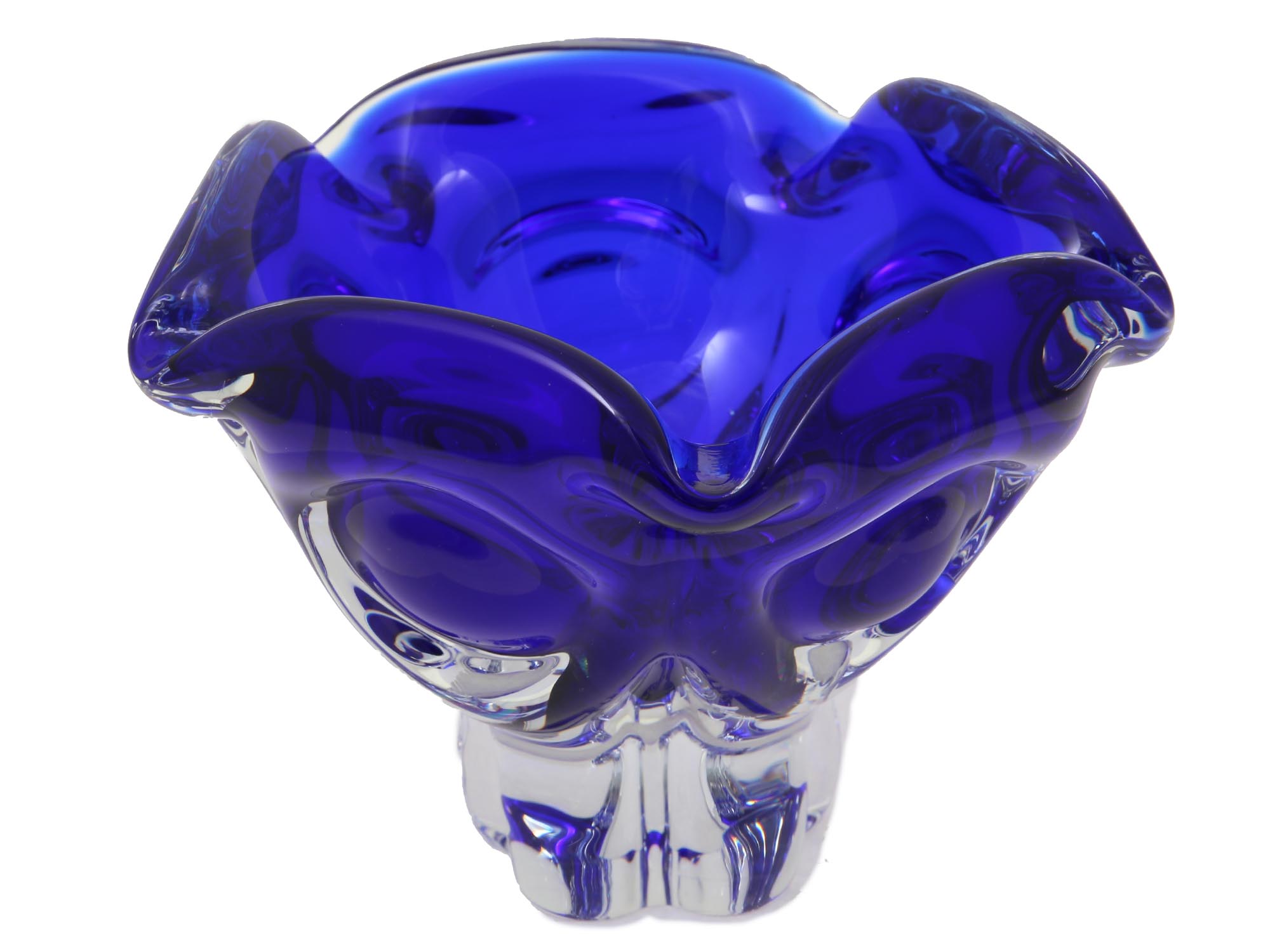 MID CENTURY COBALT BLUE GLASS VASE OR CANDY BOWL PIC-0