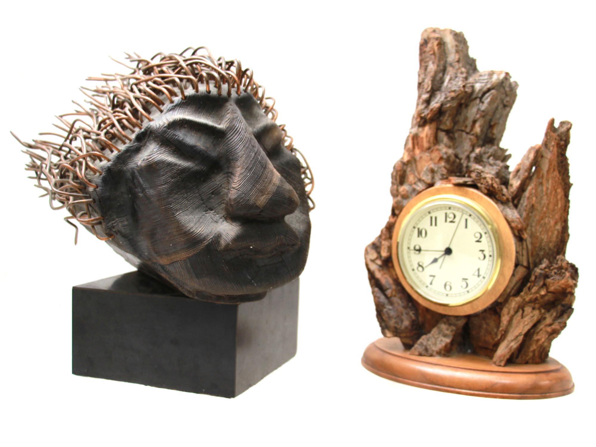 LOT OF A CARVED WOODEN FIGURE AND A WOODEN CLOCK PIC-0