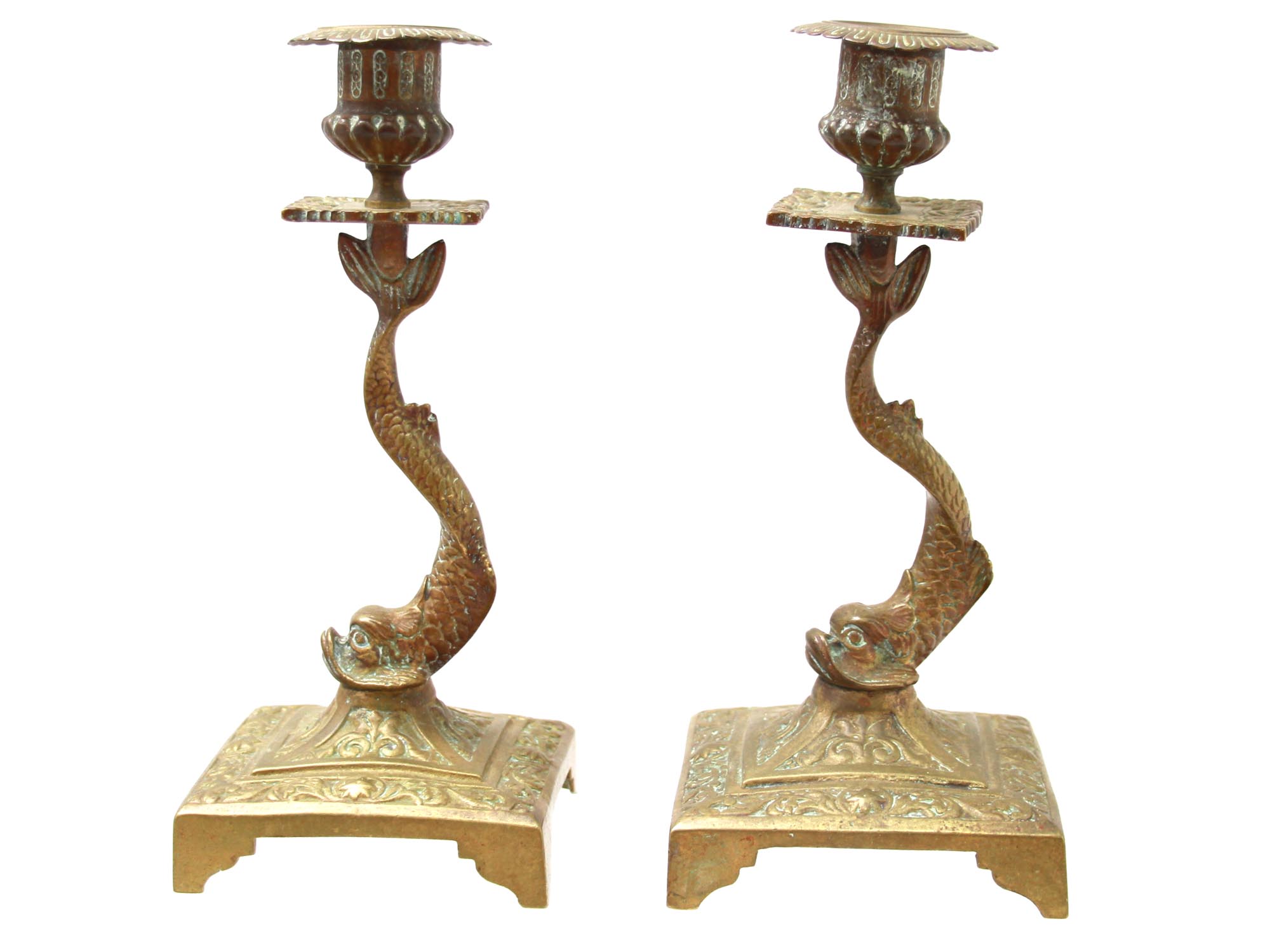 A PAIR OF ANTIQUE GILT BRASS CANDLESTICKS PIC-4