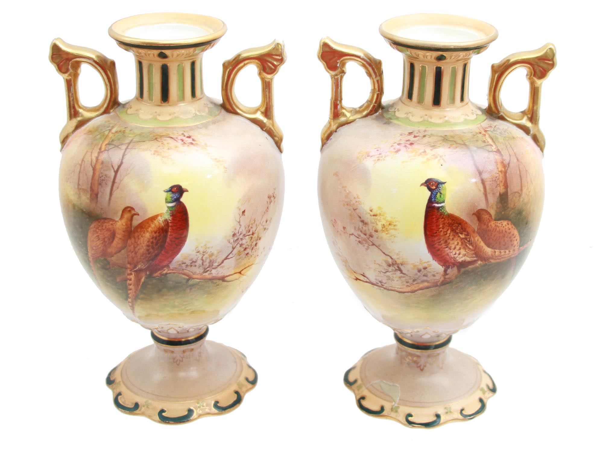 A PAIR OF ANTIQUE CROWN DEVON PHESANTS VASES PIC-0