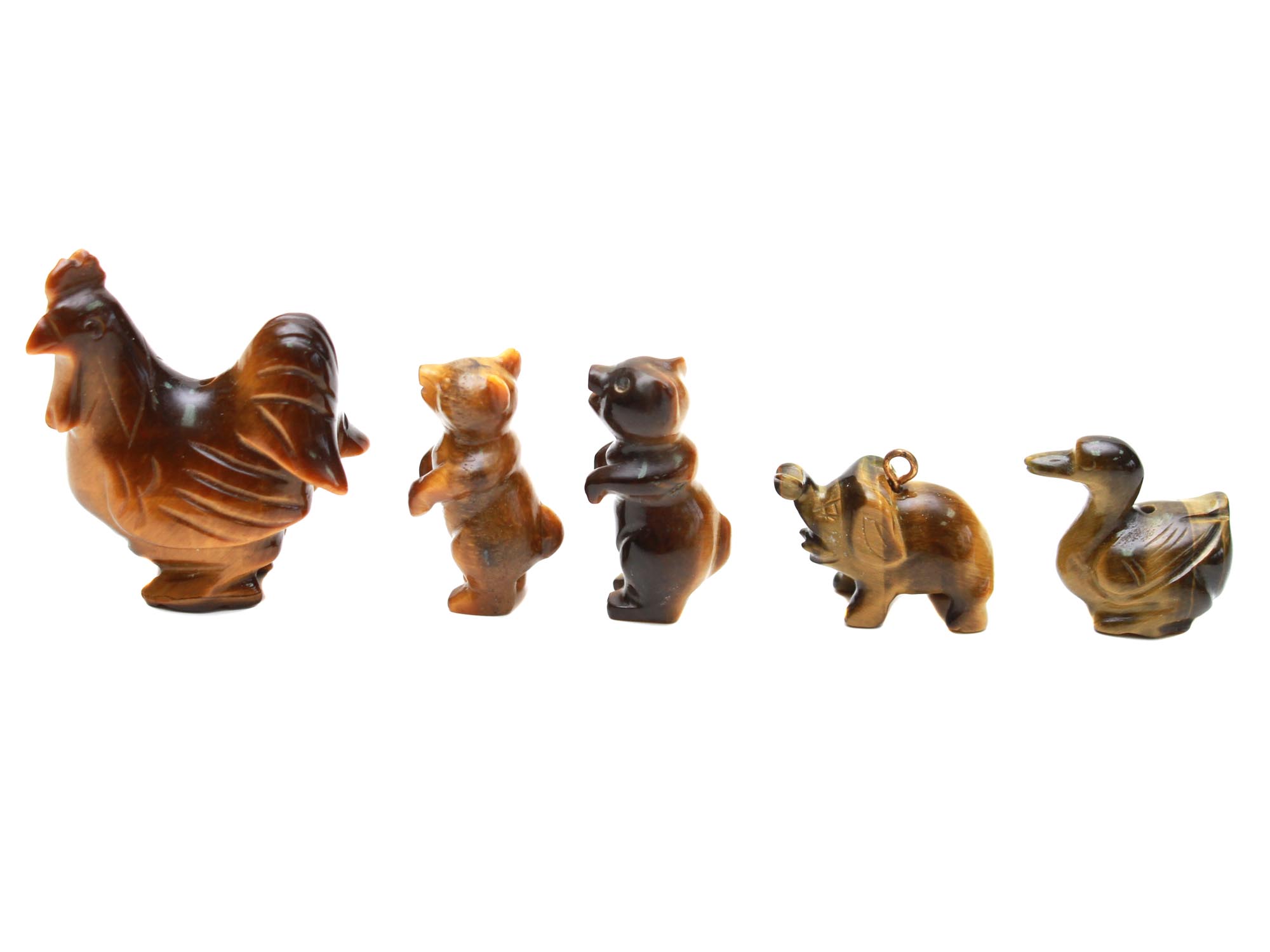 A LOT OF 5 HAND-CARVED TIGER EYE ANIMAL FIGURINES PIC-0