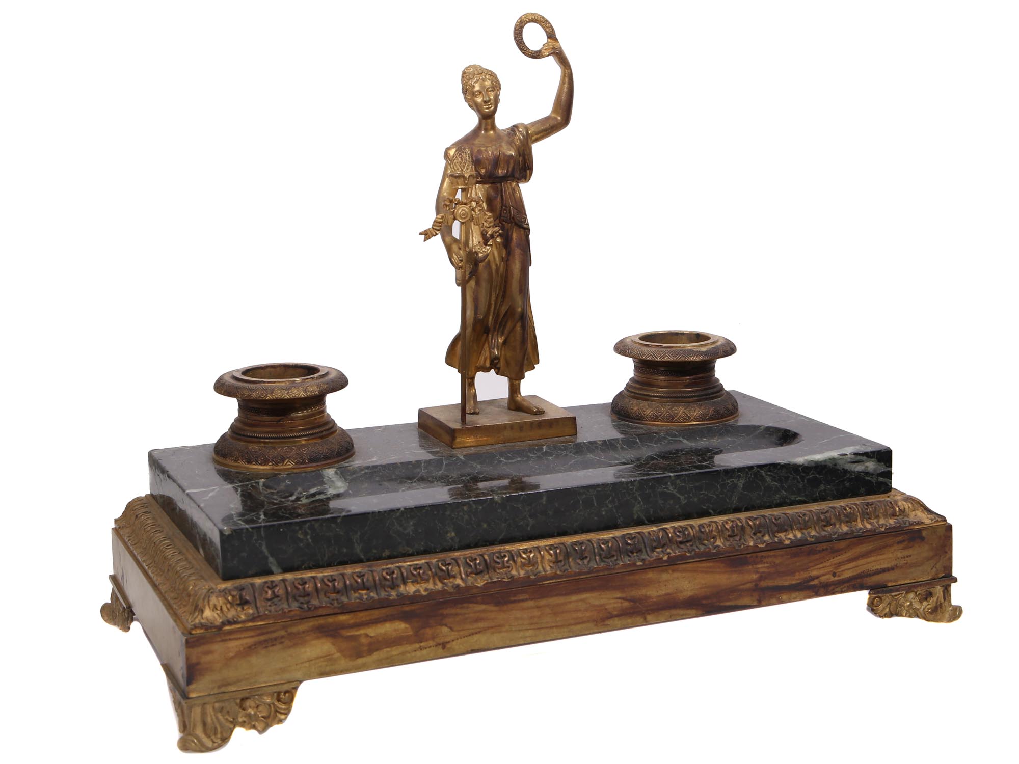 VINTAGE BRONZE & MARBLE INKWELL SET WITH FIGURINE PIC-0