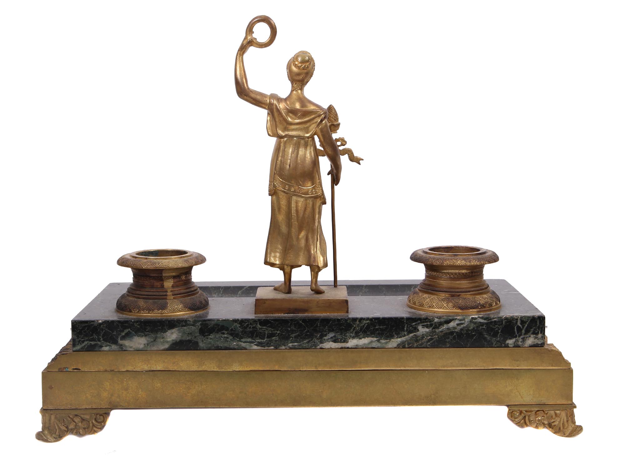 VINTAGE BRONZE & MARBLE INKWELL SET WITH FIGURINE PIC-1