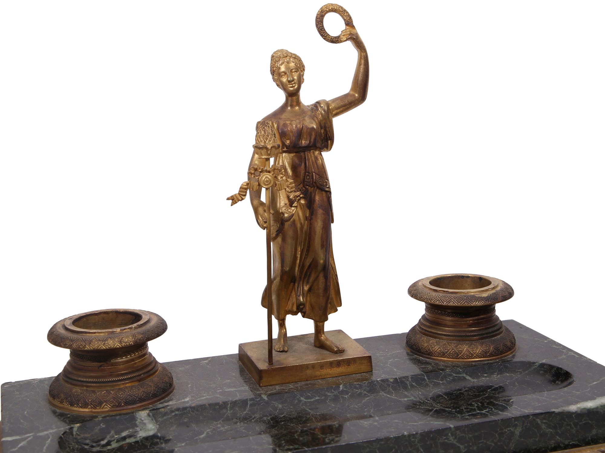 VINTAGE BRONZE & MARBLE INKWELL SET WITH FIGURINE PIC-4