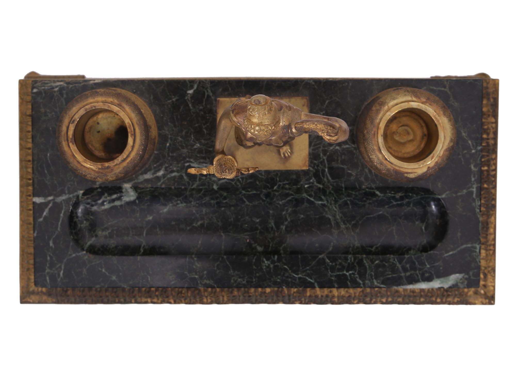 VINTAGE BRONZE & MARBLE INKWELL SET WITH FIGURINE PIC-5