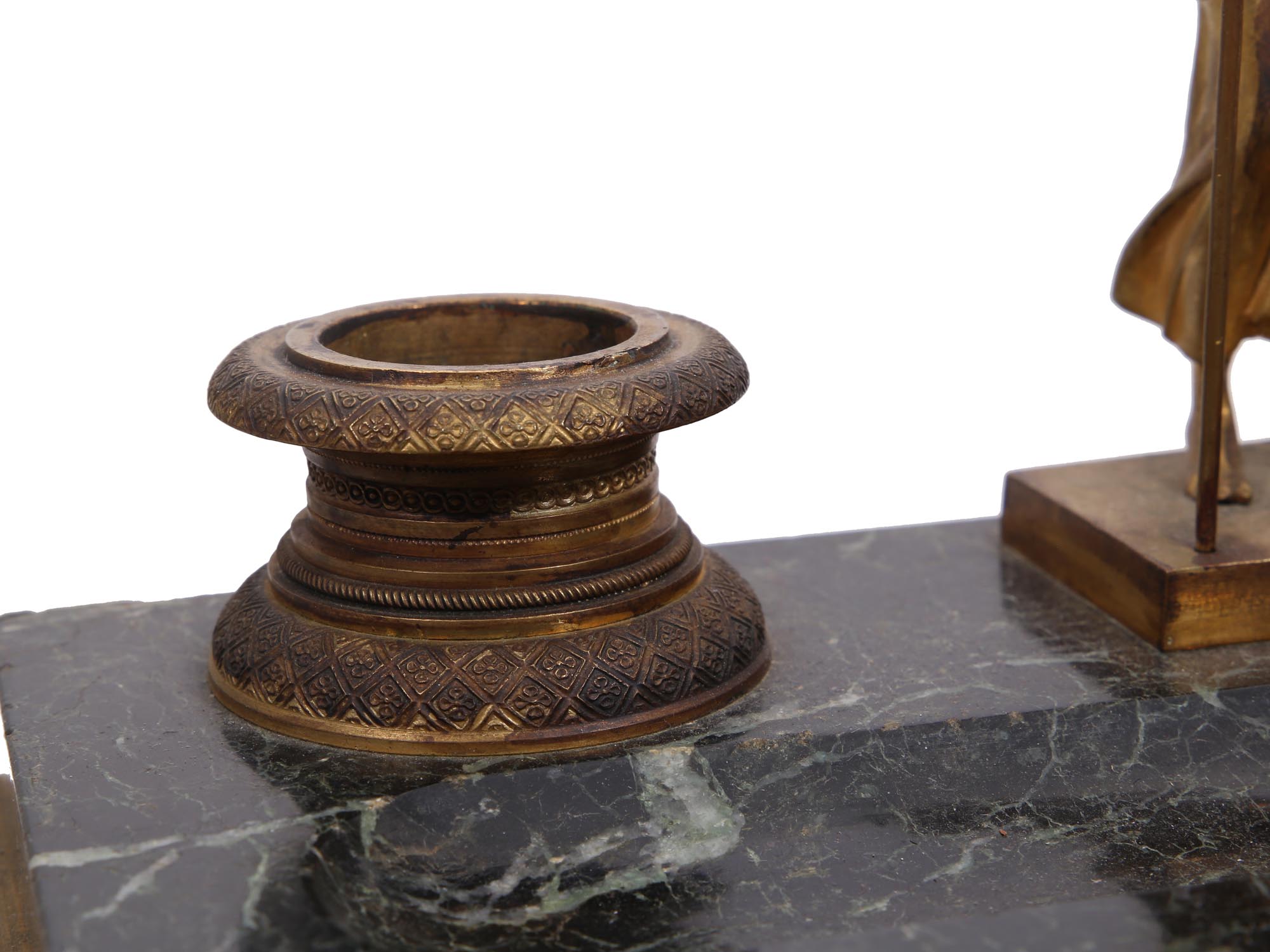 VINTAGE BRONZE & MARBLE INKWELL SET WITH FIGURINE PIC-7