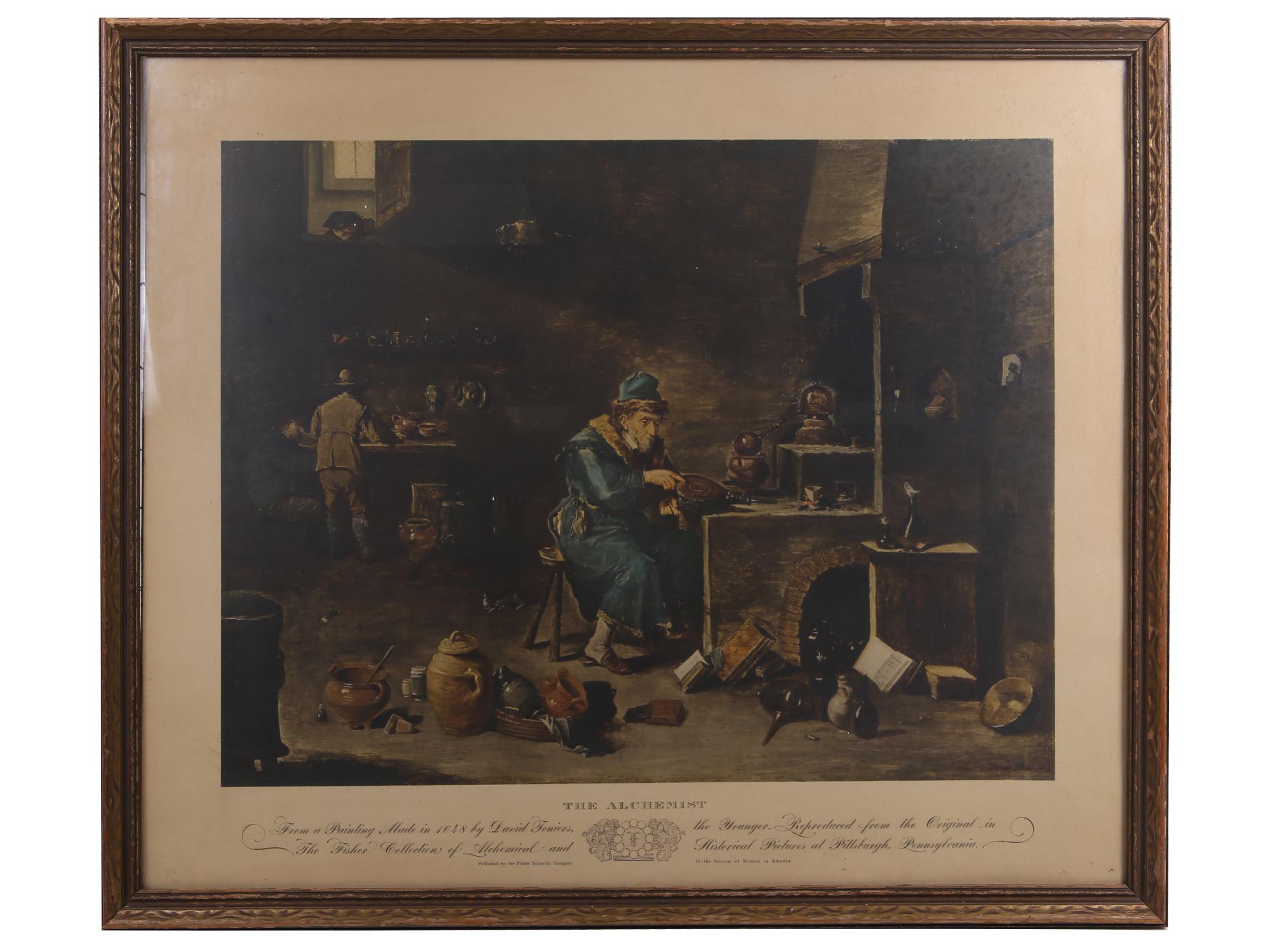 AN ANTIQUE PRINT OF THE ALCHEMIST BY D TENIERS PIC-0