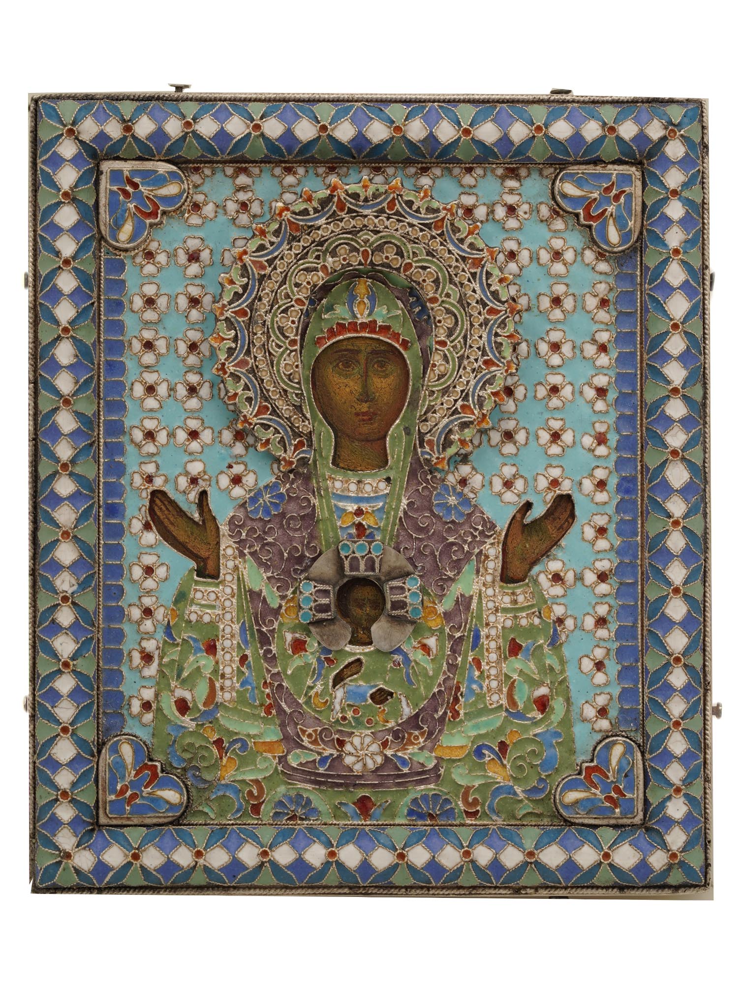 A RUSSIAN SILVER AND ENAMEL ICON OF MOTHER OF GOD PIC-0