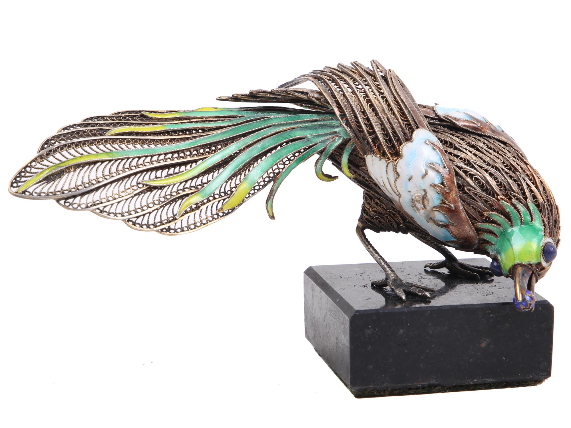 A RUSSIAN CANNETILLE ENAMEL SILVER BIRD FIGURINE PIC-