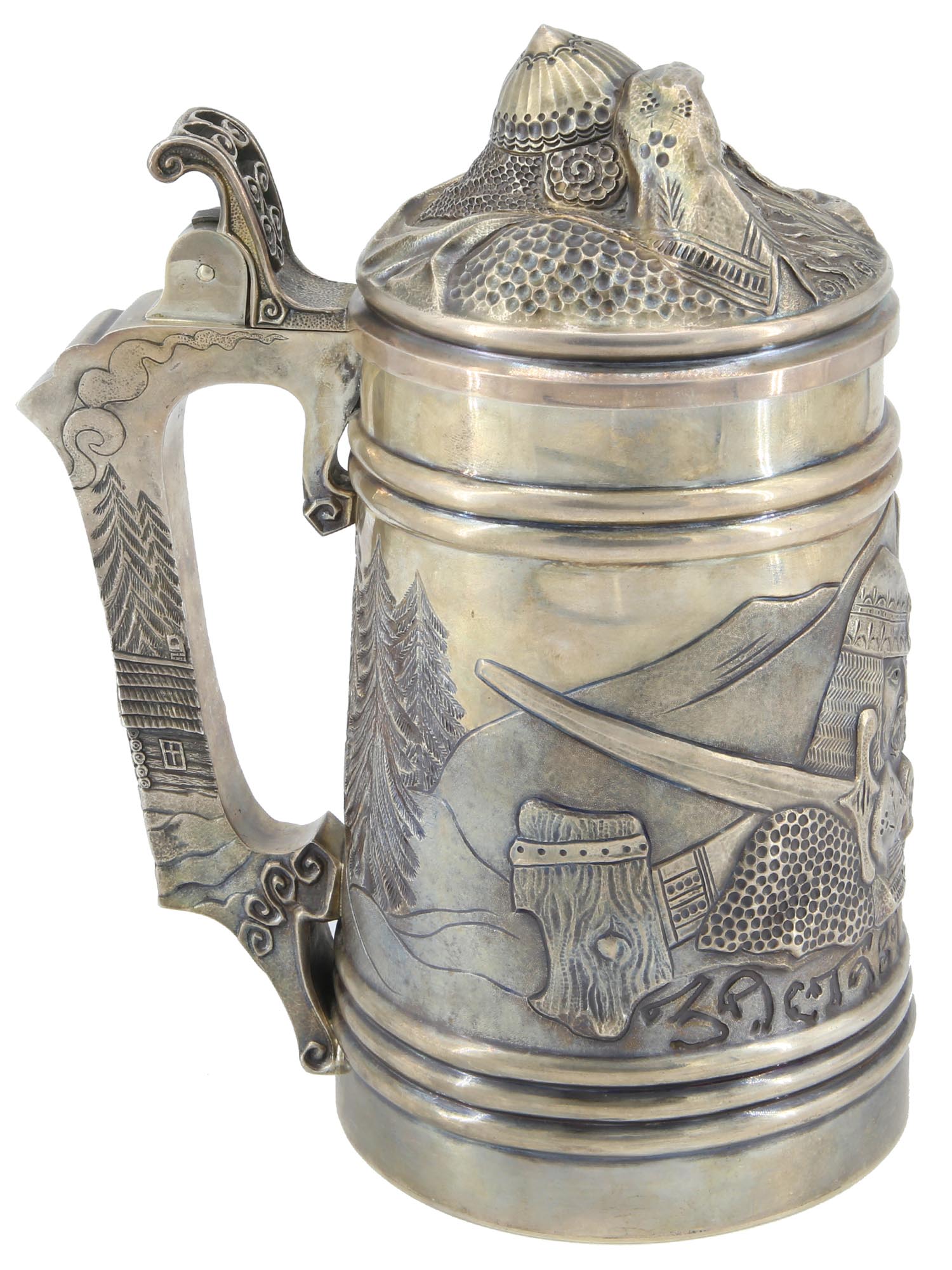 A RUSSIAN SILVER GILT BEER STEIN WITH BOGATYRS PIC-0