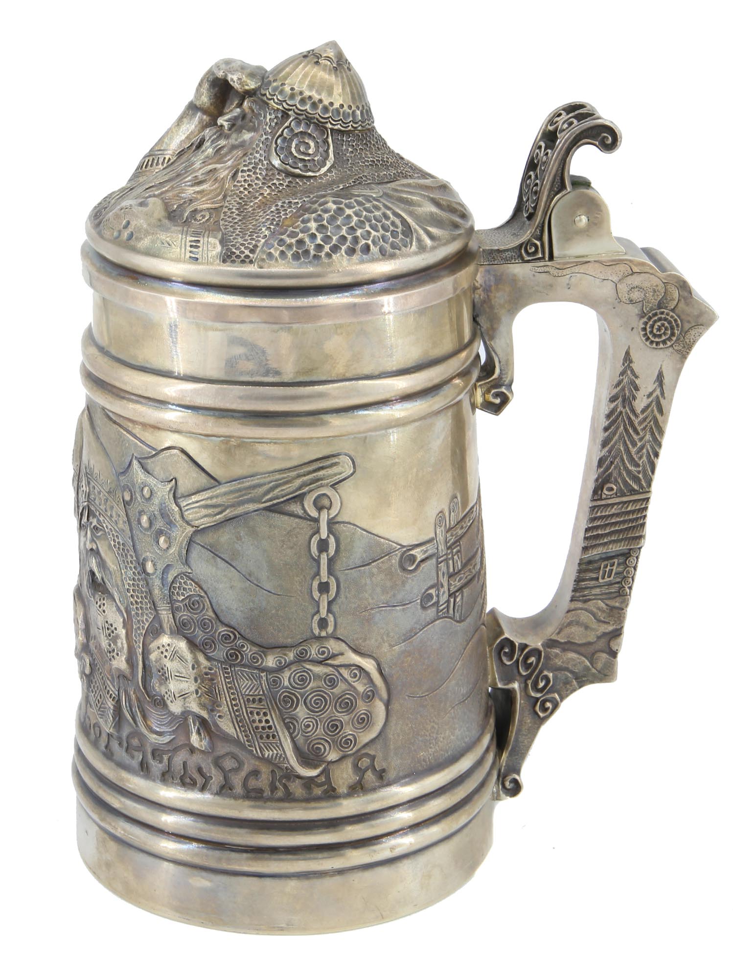 A RUSSIAN SILVER GILT BEER STEIN WITH BOGATYRS PIC-1