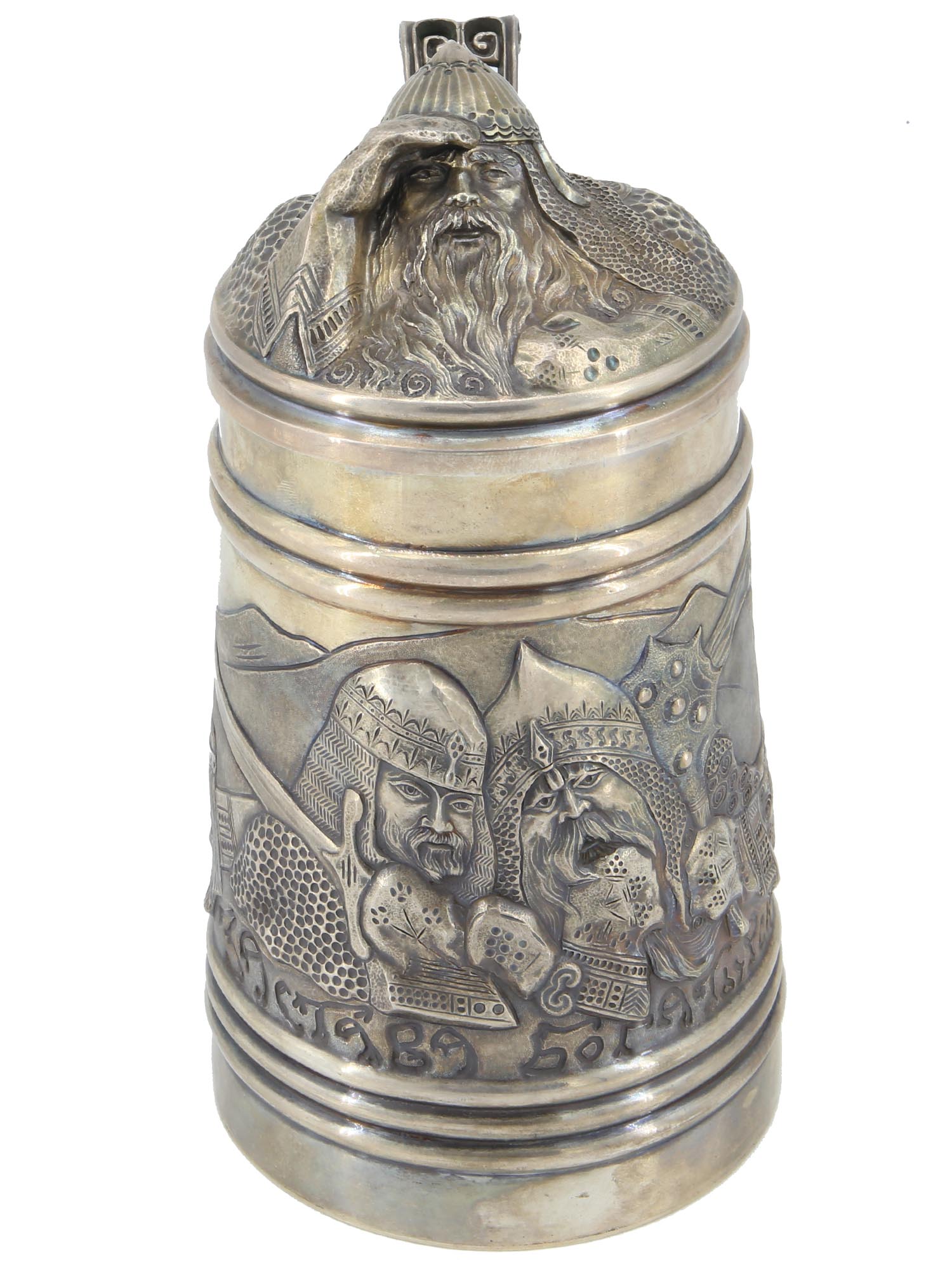 A RUSSIAN SILVER GILT BEER STEIN WITH BOGATYRS PIC-3