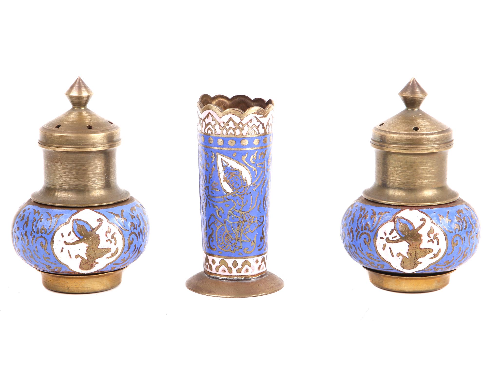 SET OF THAI BRASS & ENAMEL SHAKERS AND TOOTHPICK PIC-0