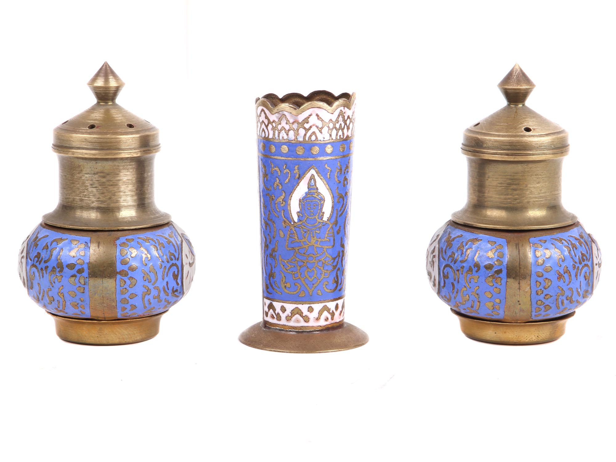 SET OF THAI BRASS & ENAMEL SHAKERS AND TOOTHPICK PIC-1