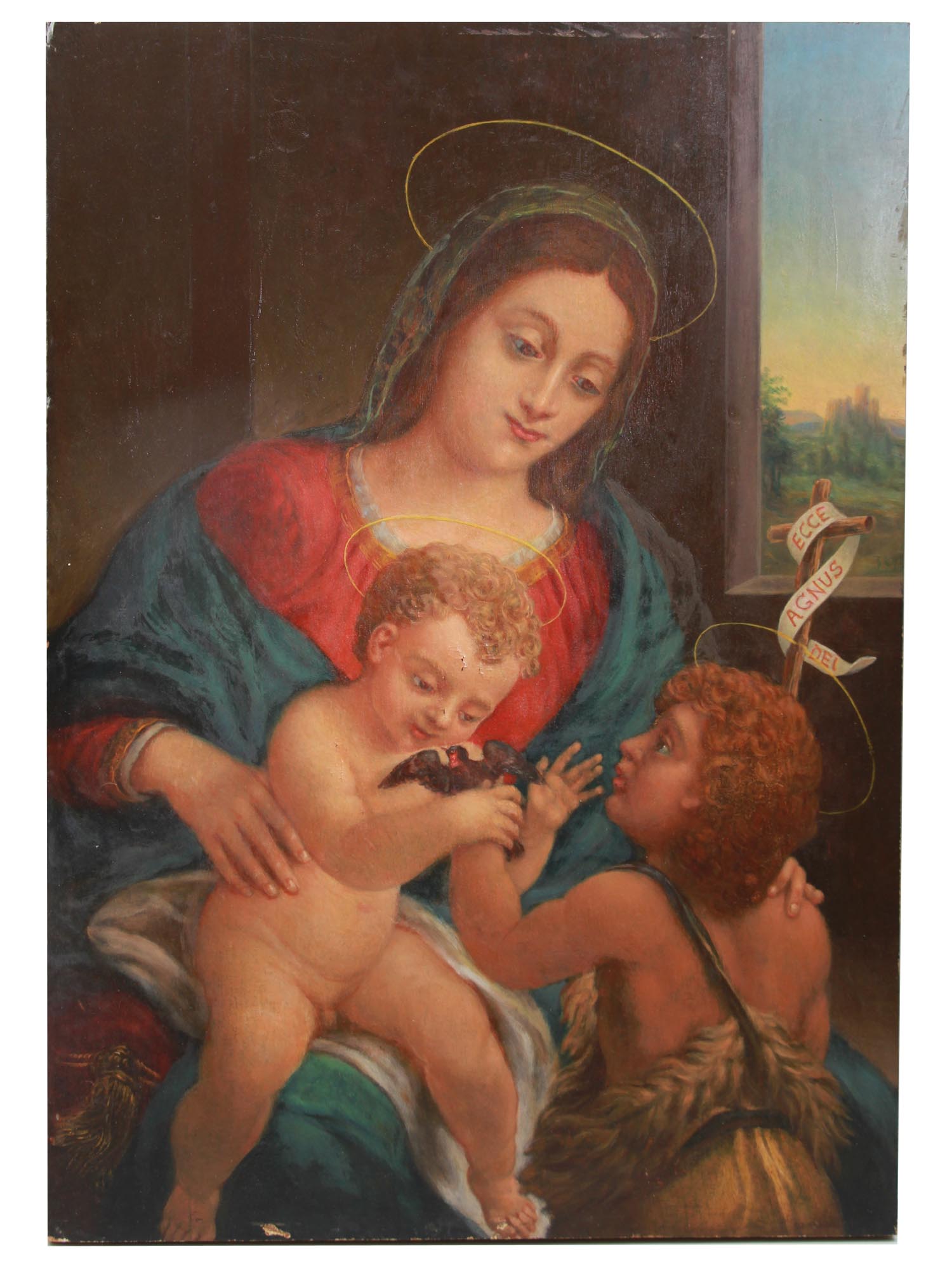 AN OIL PAINTING ON WOOD PANEL MADONNA AND CHILD PIC-0