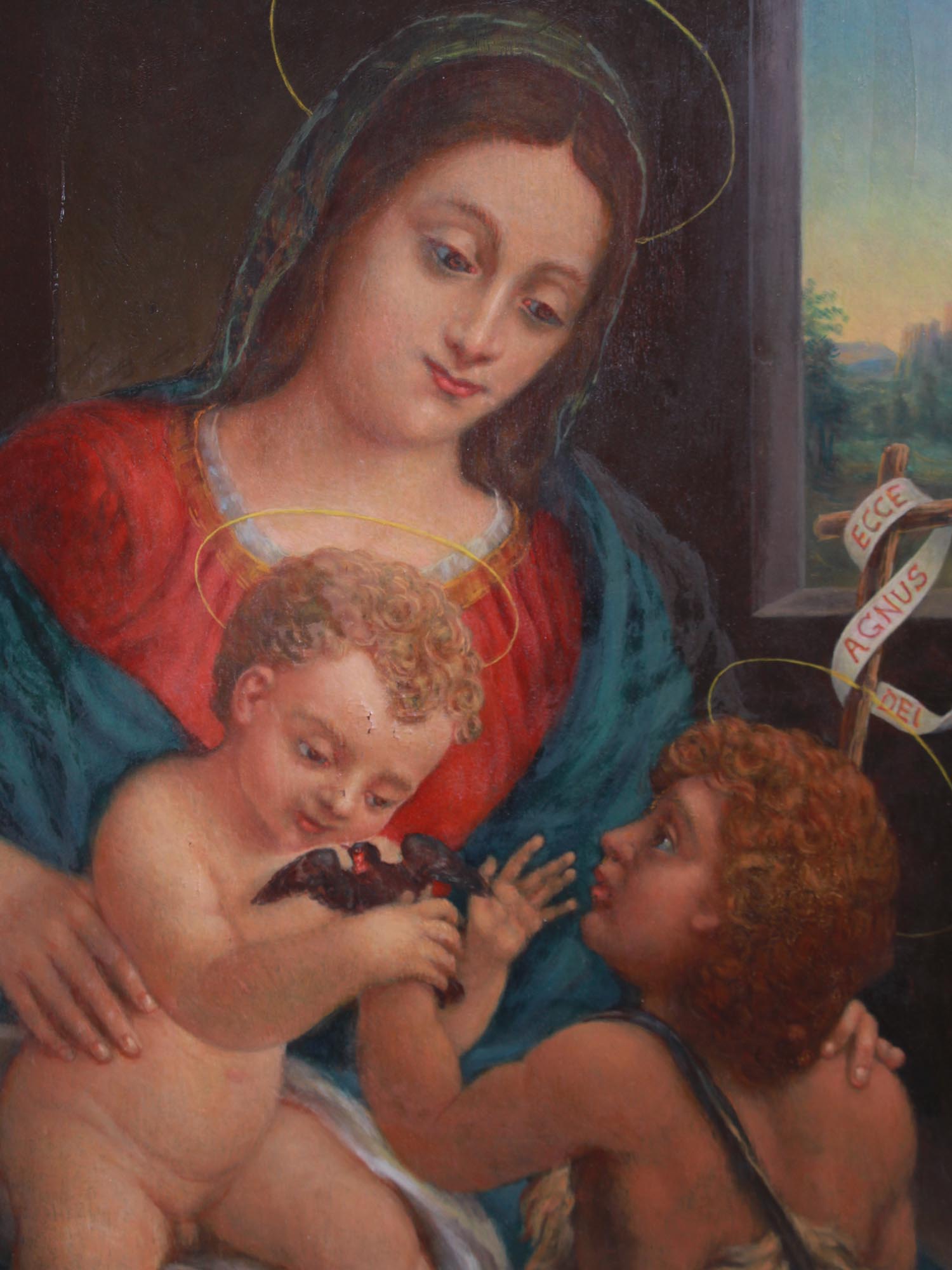 AN OIL PAINTING ON WOOD PANEL MADONNA AND CHILD PIC-1