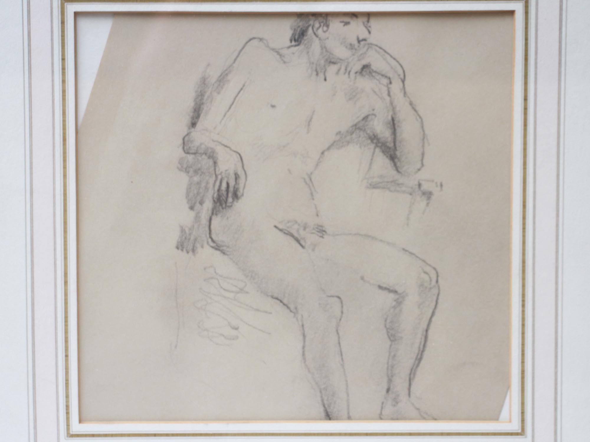 VINTAGE PENCIL PAINTING OF NUDE MALE FIGURE PIC-1