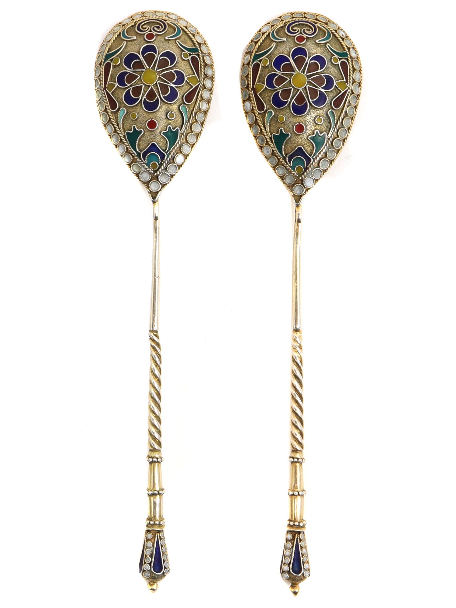 A PAIR OF RUSSIAN SILVER GILT CLOISONNE ENAMEL SPOONS PIC-0
