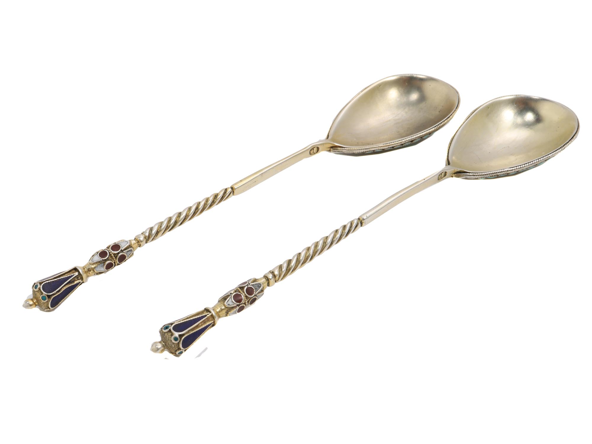 A PAIR OF RUSSIAN SILVER GILT CLOISONNE ENAMEL SPOONS PIC-1