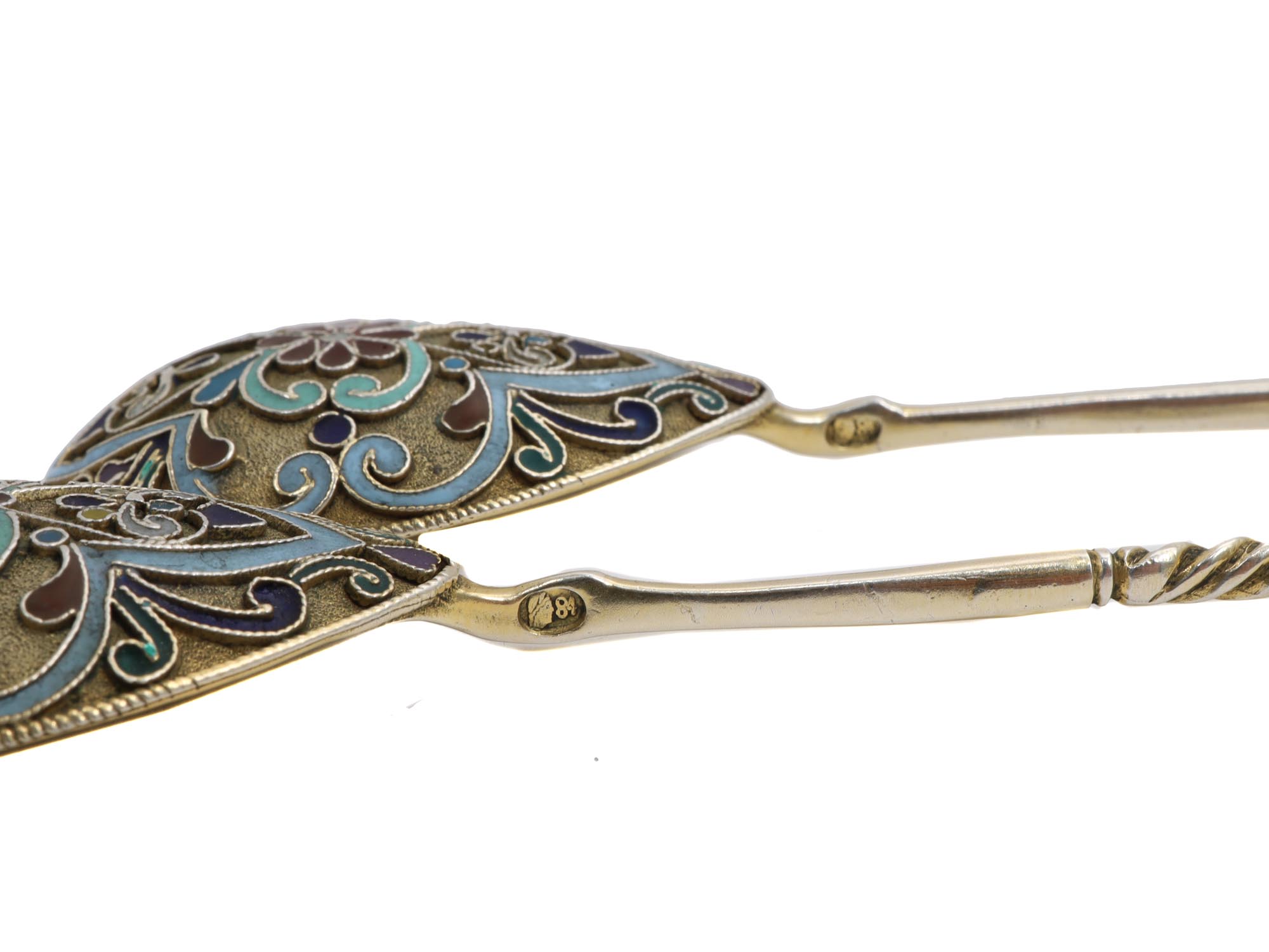 A PAIR OF RUSSIAN SILVER GILT CLOISONNE ENAMEL SPOONS PIC-3