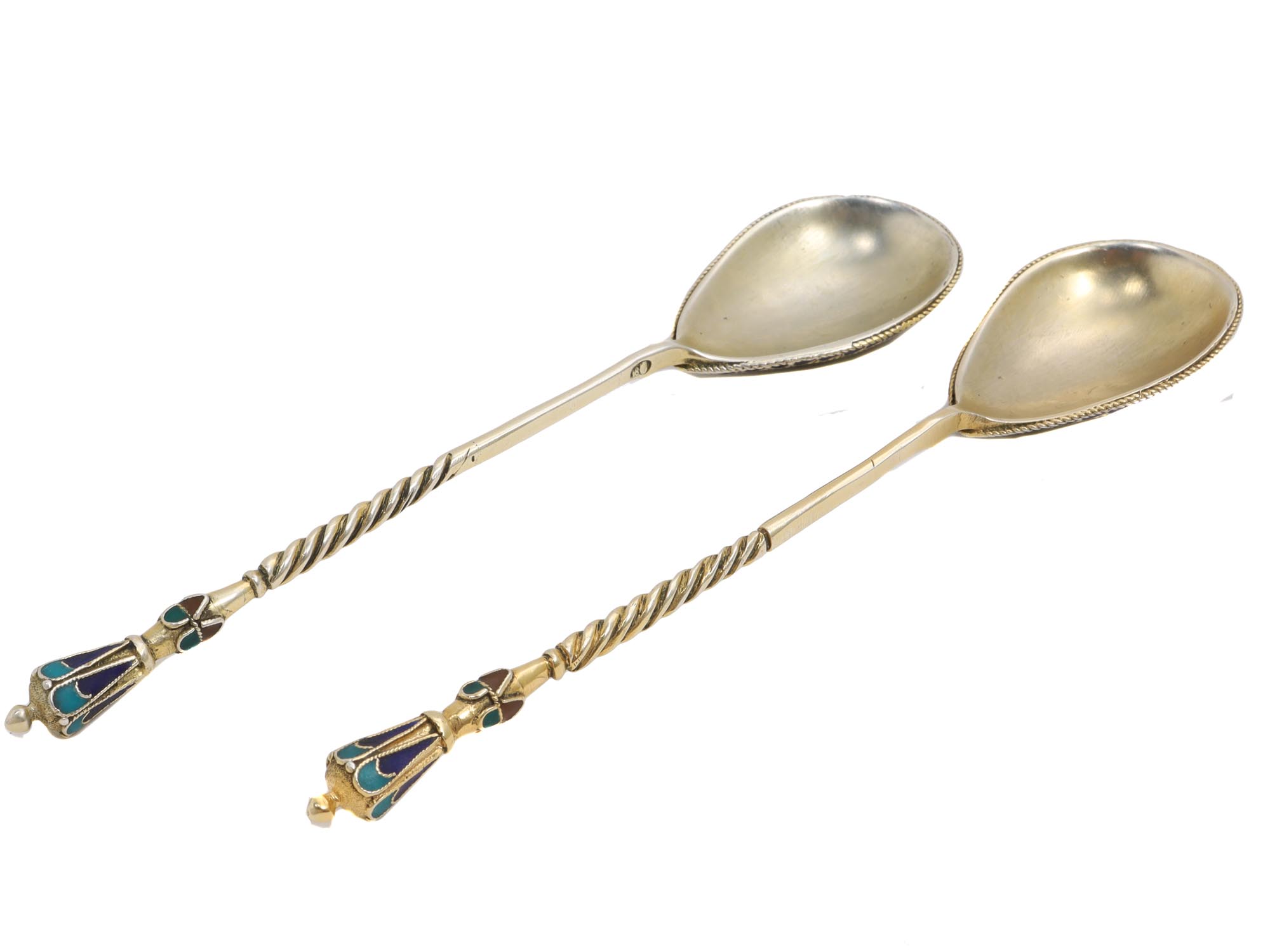 A PAIR OF RUSSIAN SILVER GILT CLOISONNE ENAMEL SPOONS PIC-1