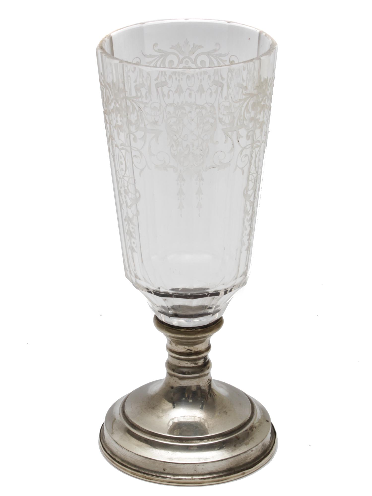 AN ANTIQUE ENGRAVED CRYSTAL GLASS WITH SILVER LEG PIC-1