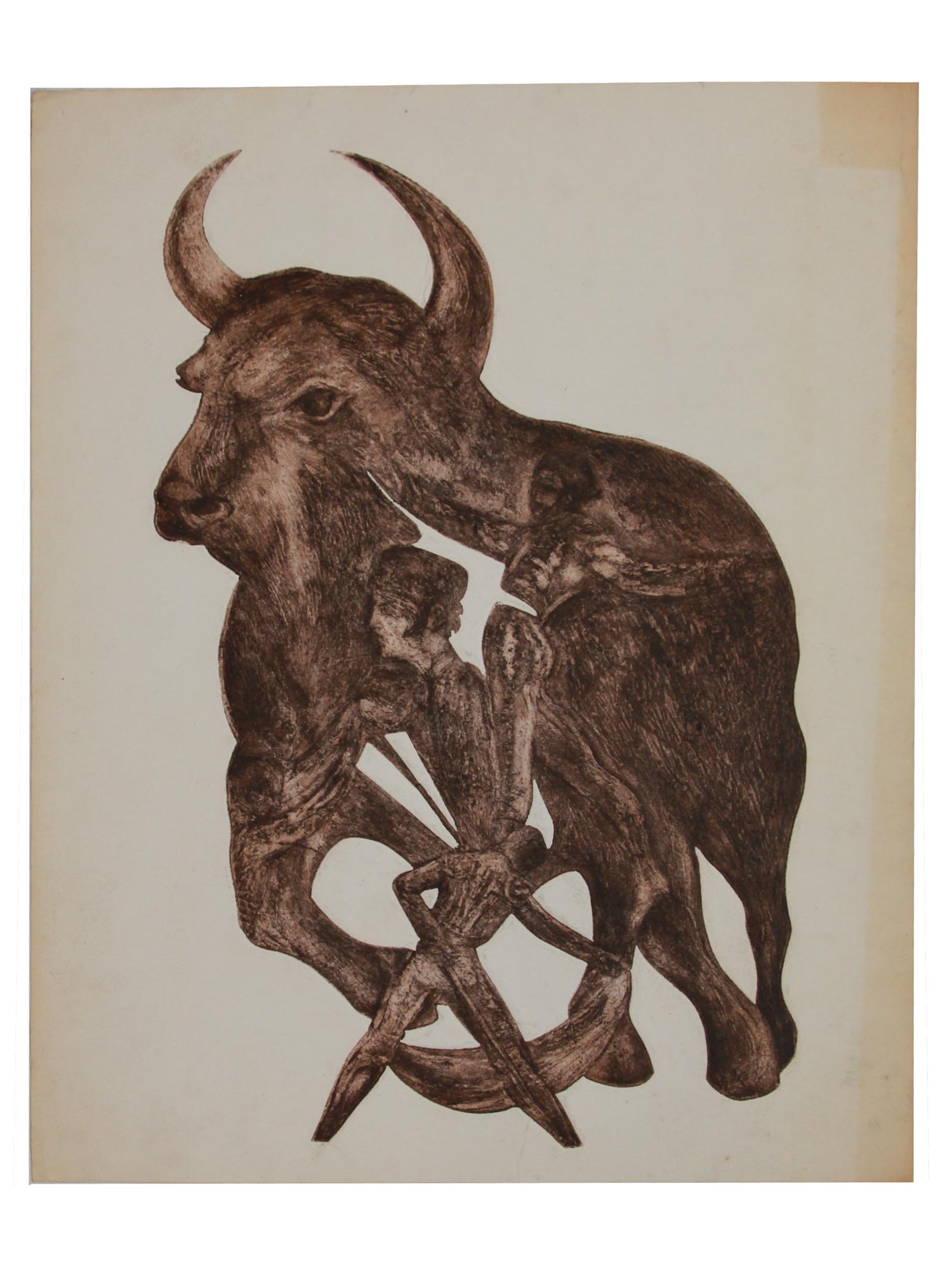 VINTAGE ABSTRACT ART ETCHING BULL WITH MATADOR PIC-0