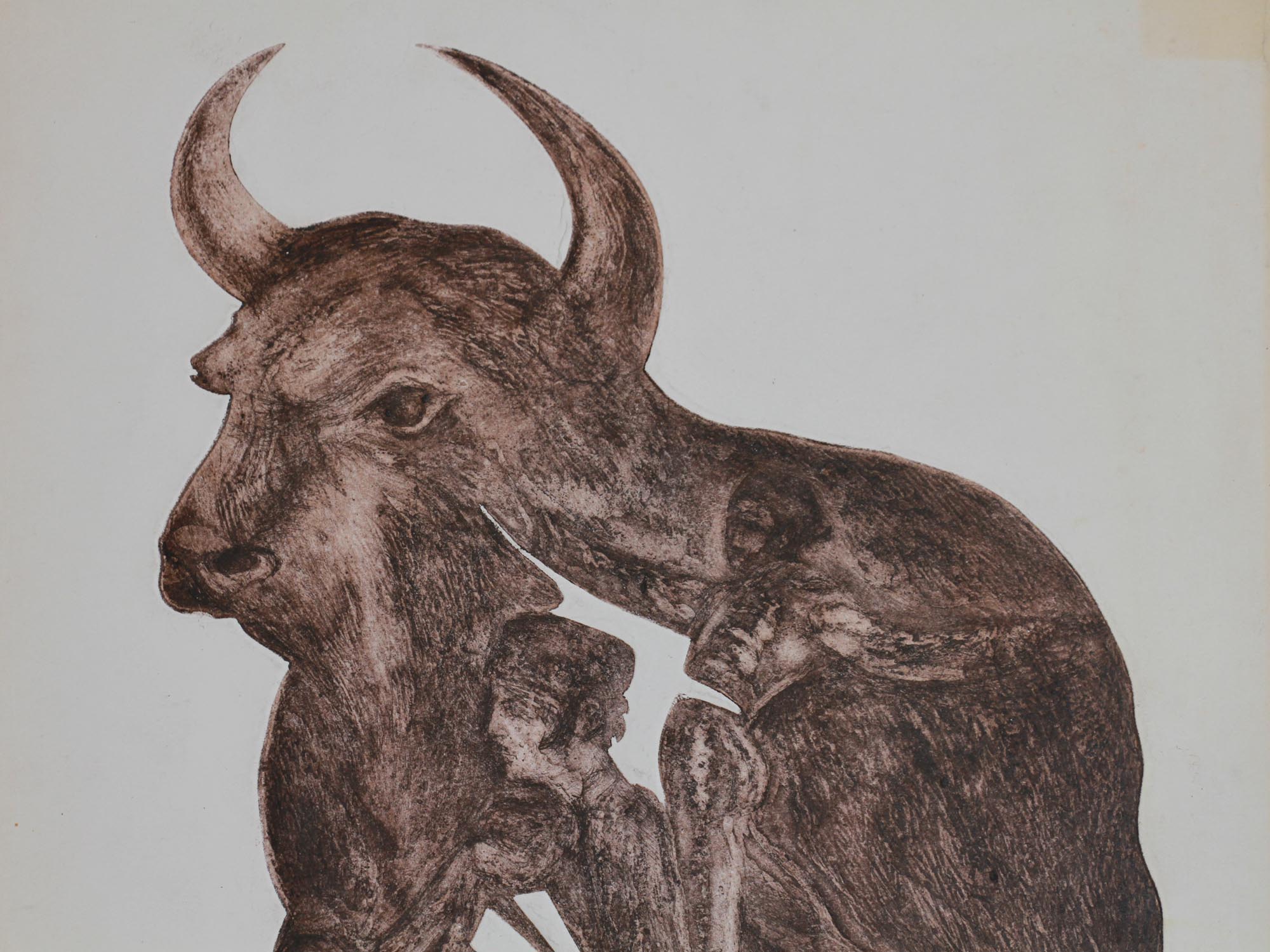 VINTAGE ABSTRACT ART ETCHING BULL WITH MATADOR PIC-1