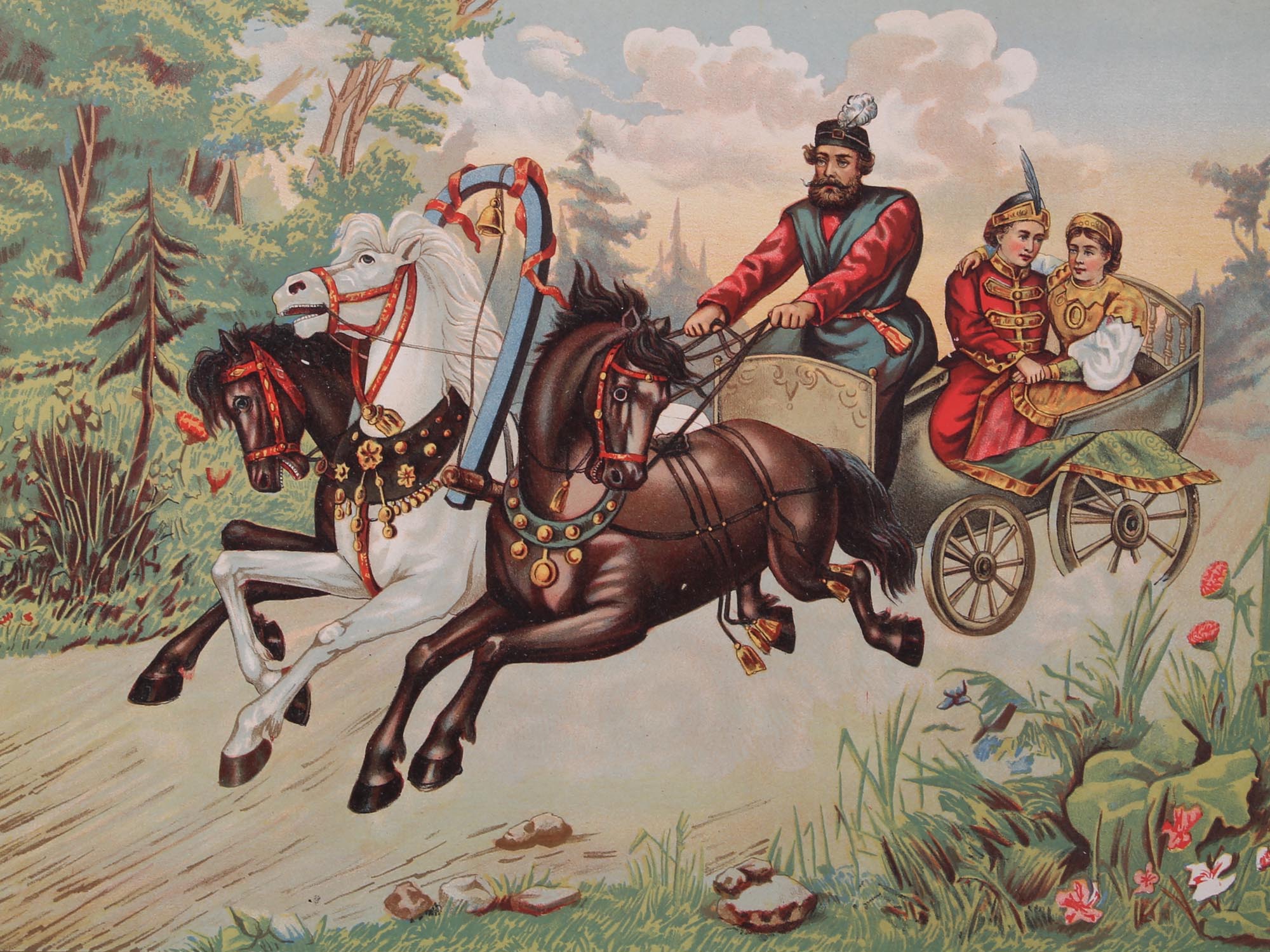 ANTIQUE RUSSIAN LUBOK POSTER LITHOGRAPH OF HORSES PIC-1