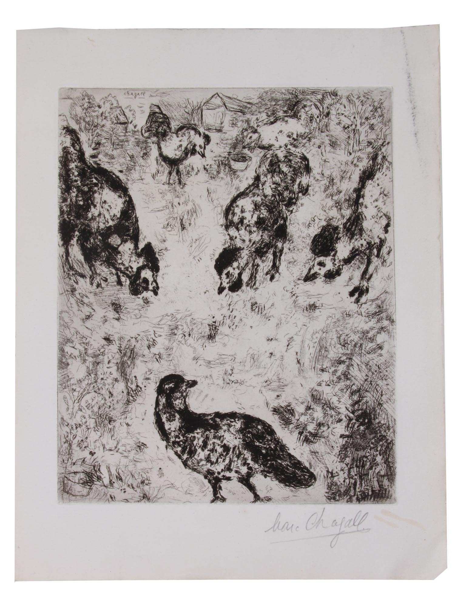 A PARTRIDGE AND ROOSTERS ETCHING BY MARC CHAGALL PIC-0