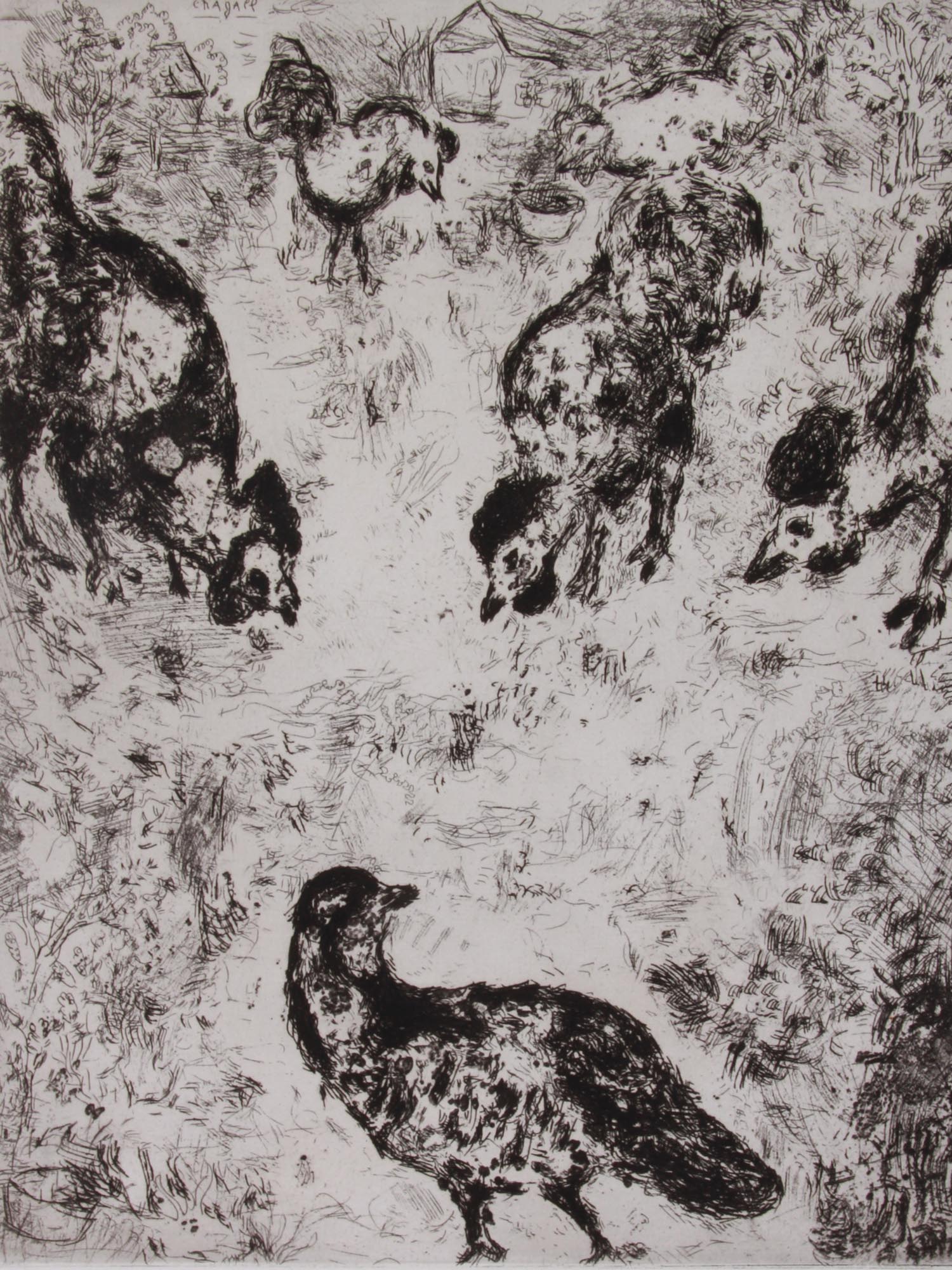 A PARTRIDGE AND ROOSTERS ETCHING BY MARC CHAGALL PIC-1