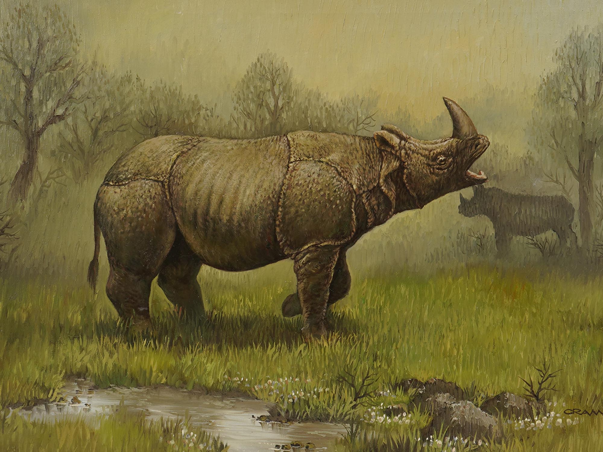 AFTER CARL BRENDERS OIL PAINTING OF RHINO SIGNED PIC-1