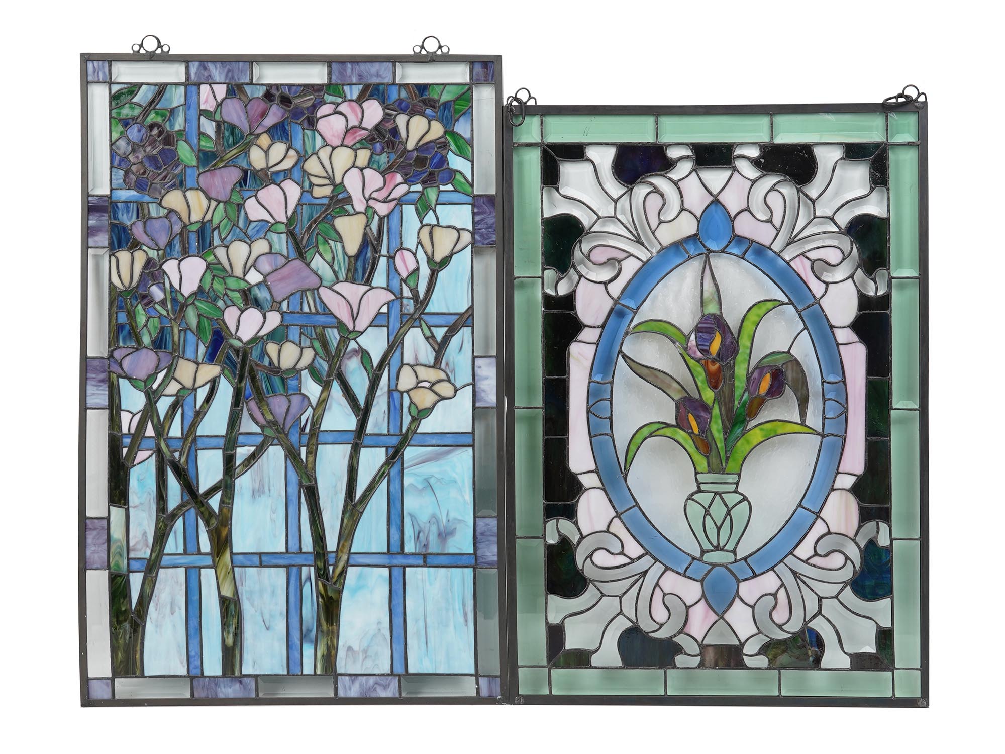 PAIR OF STAINED GLASS WINDOW PANELS FLOWERS TREES PIC-0