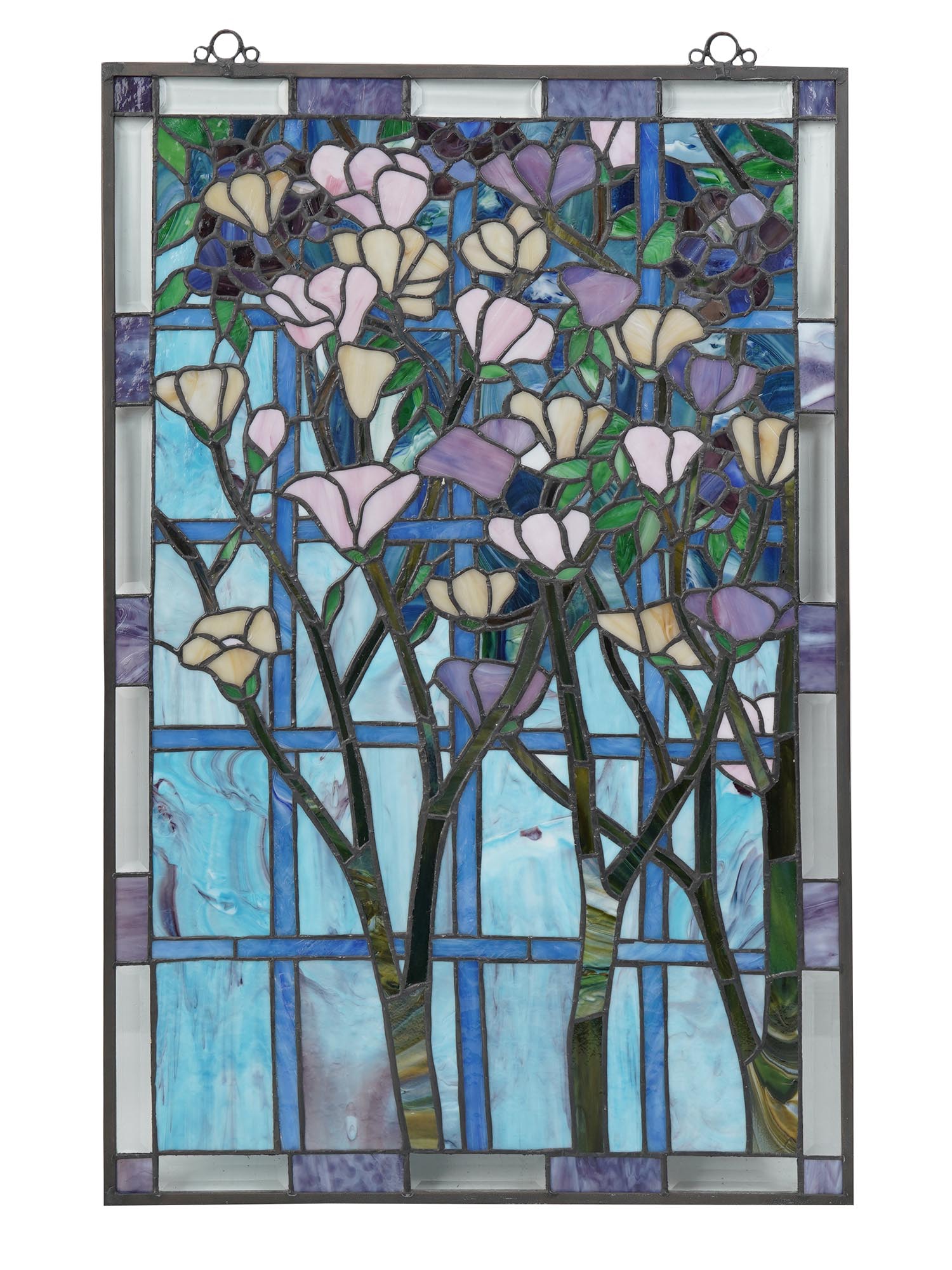 PAIR OF STAINED GLASS WINDOW PANELS FLOWERS TREES PIC-1