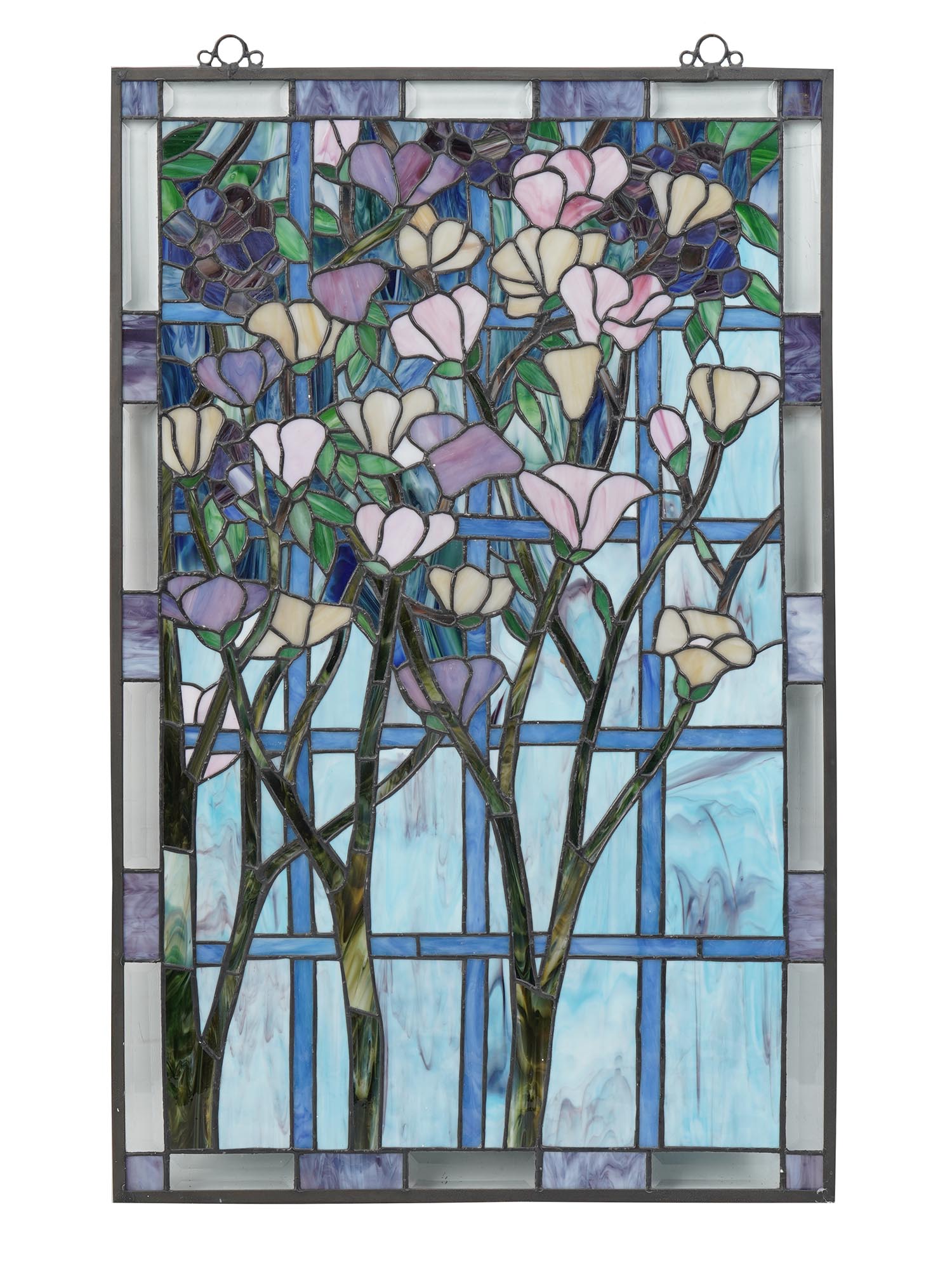 PAIR OF STAINED GLASS WINDOW PANELS FLOWERS TREES PIC-2