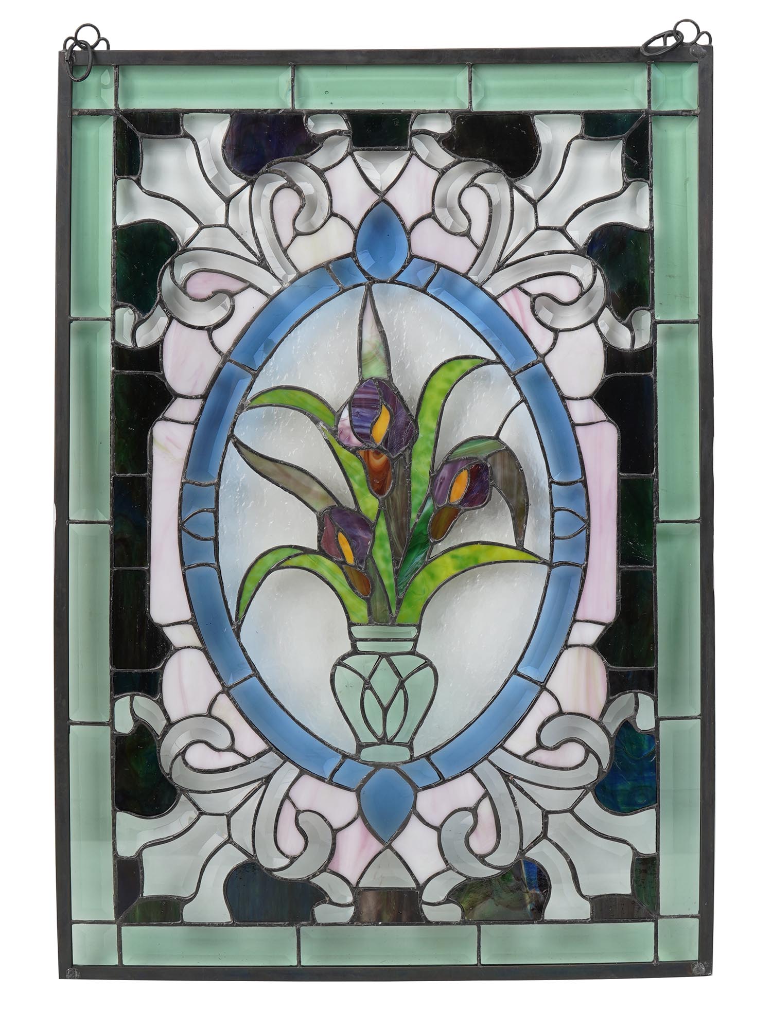 PAIR OF STAINED GLASS WINDOW PANELS FLOWERS TREES PIC-4