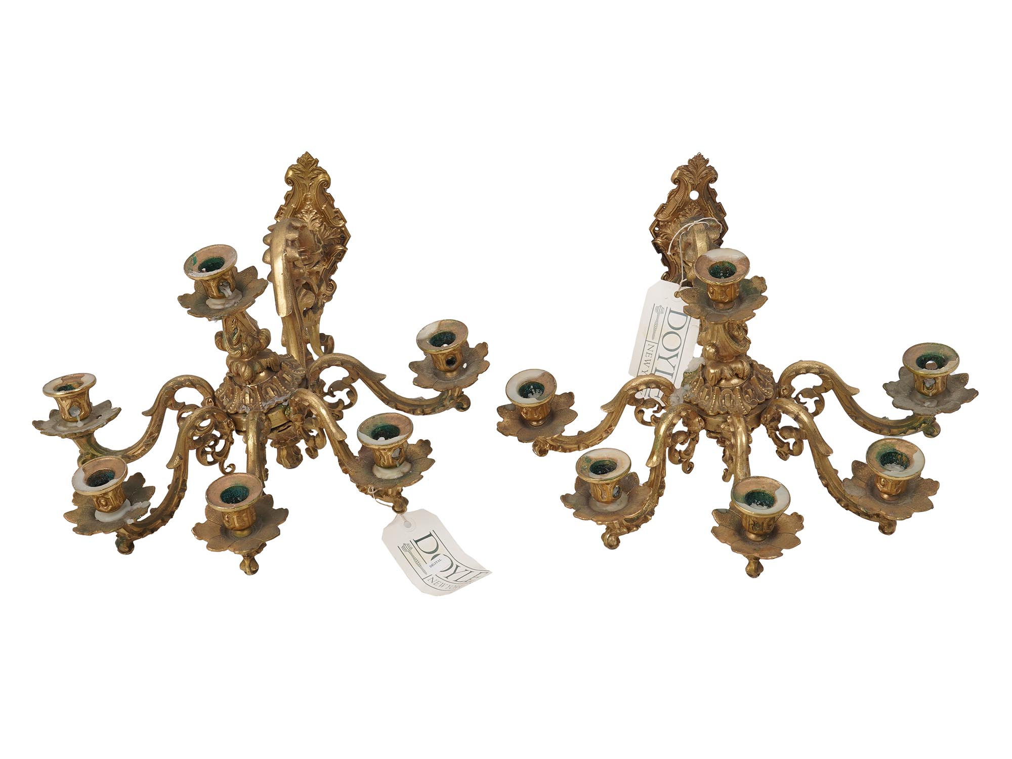 PAIR OF ANTIQUE GILT BRONZE BAROQUE STYLE SCONCES PIC-0