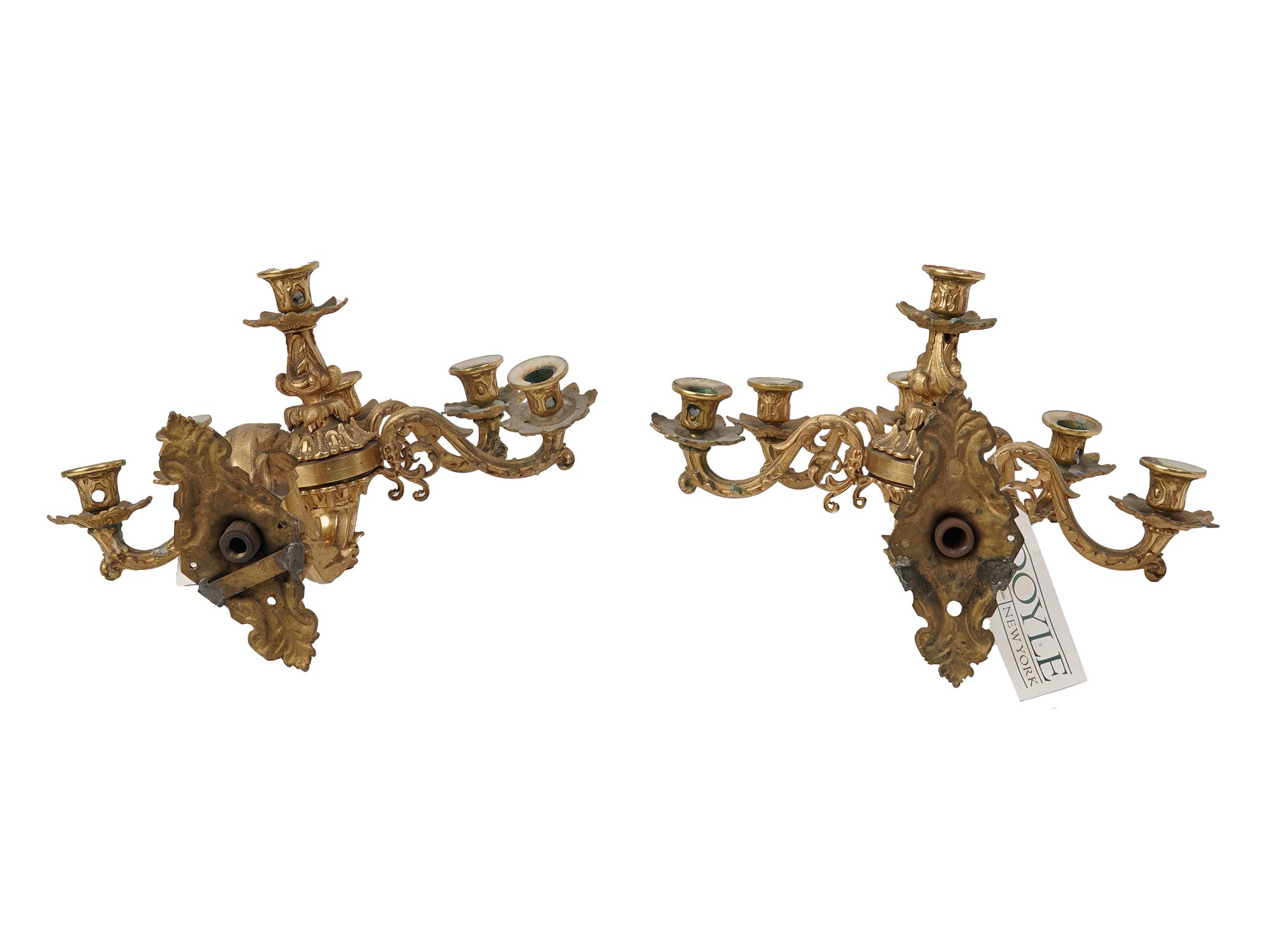 PAIR OF ANTIQUE GILT BRONZE BAROQUE STYLE SCONCES PIC-2