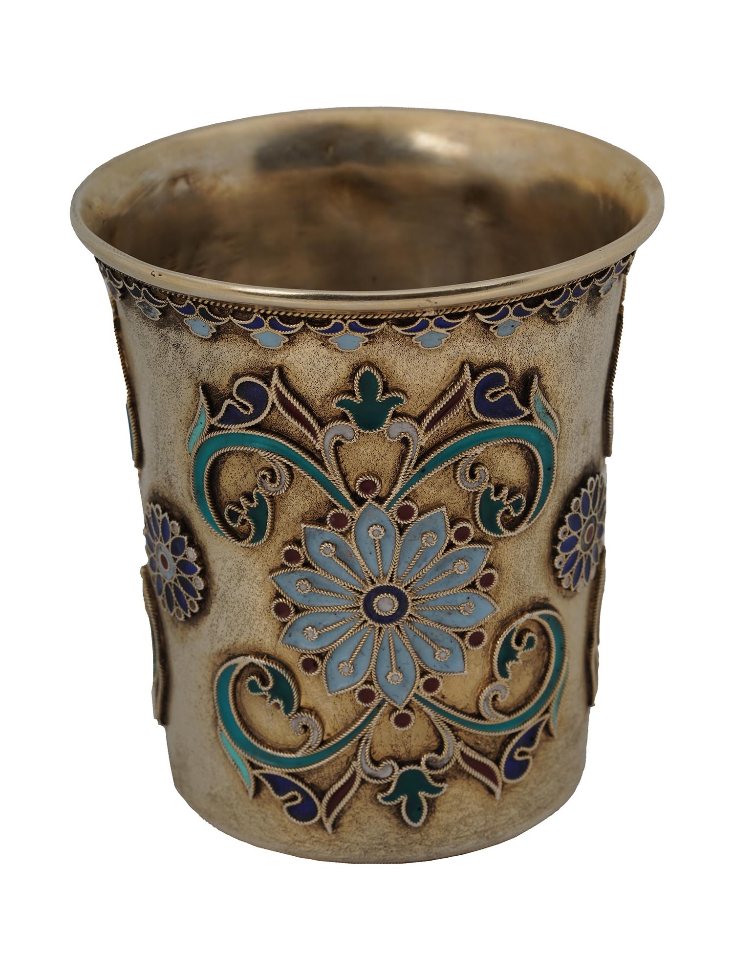 A RUSSIAN GILT SILVER CLOISONNE ENAMEL VODKA CUP PIC-0