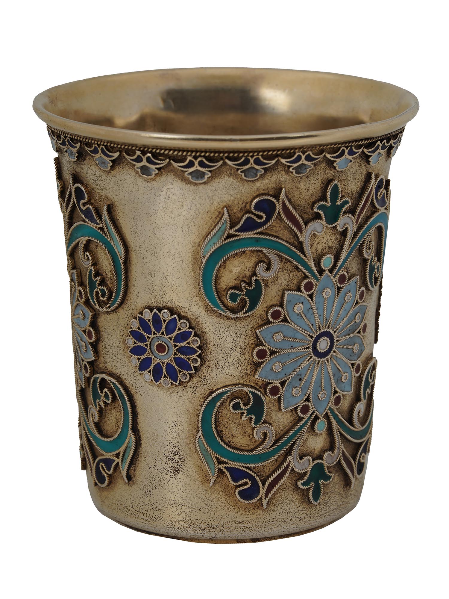 A RUSSIAN GILT SILVER CLOISONNE ENAMEL VODKA CUP PIC-1