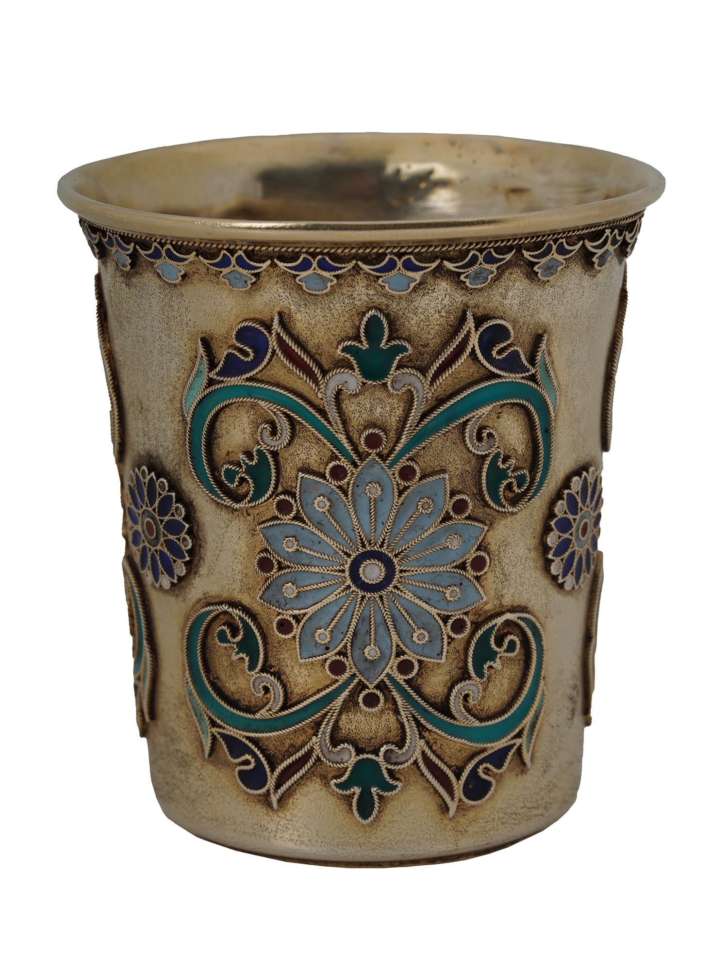 A RUSSIAN GILT SILVER CLOISONNE ENAMEL VODKA CUP PIC-3