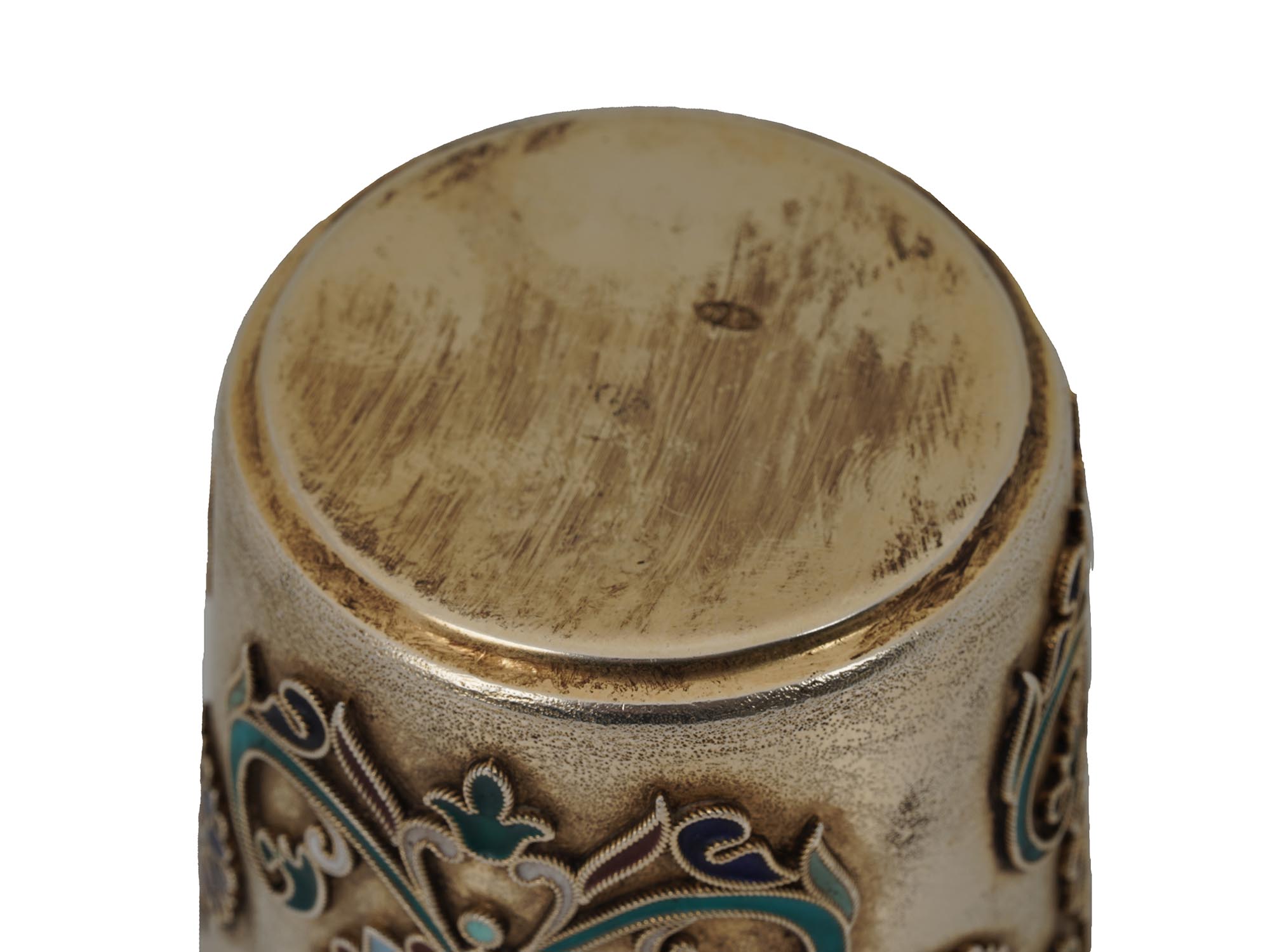 A RUSSIAN GILT SILVER CLOISONNE ENAMEL VODKA CUP PIC-4