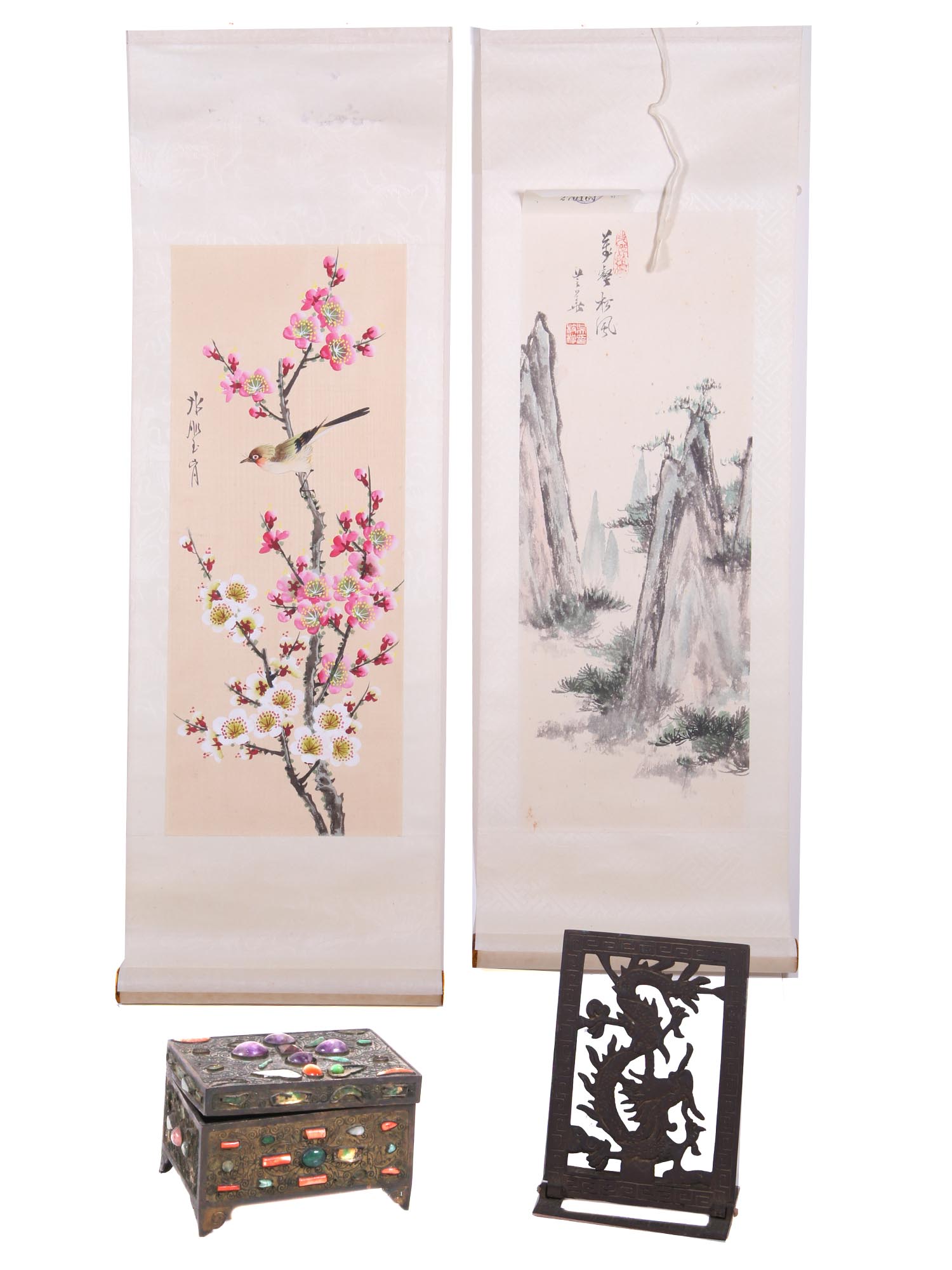 LOT OF CHINESE TWO SCROOL PAINTINGS BOX AND STAND PIC-0