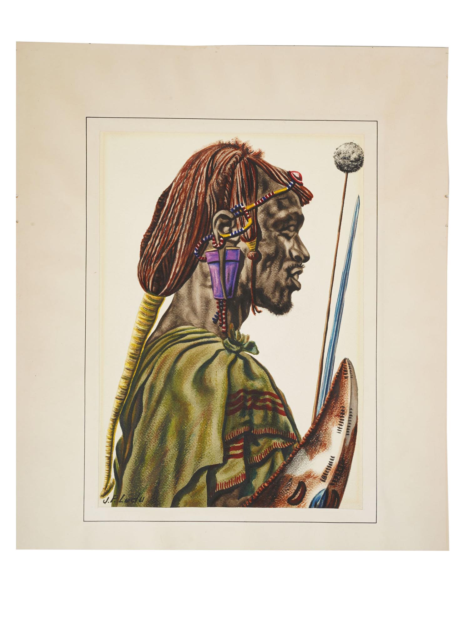 J. P. LUDU AFRICAN MAASAI WARRIOR SIGNED PAINTING PIC-0