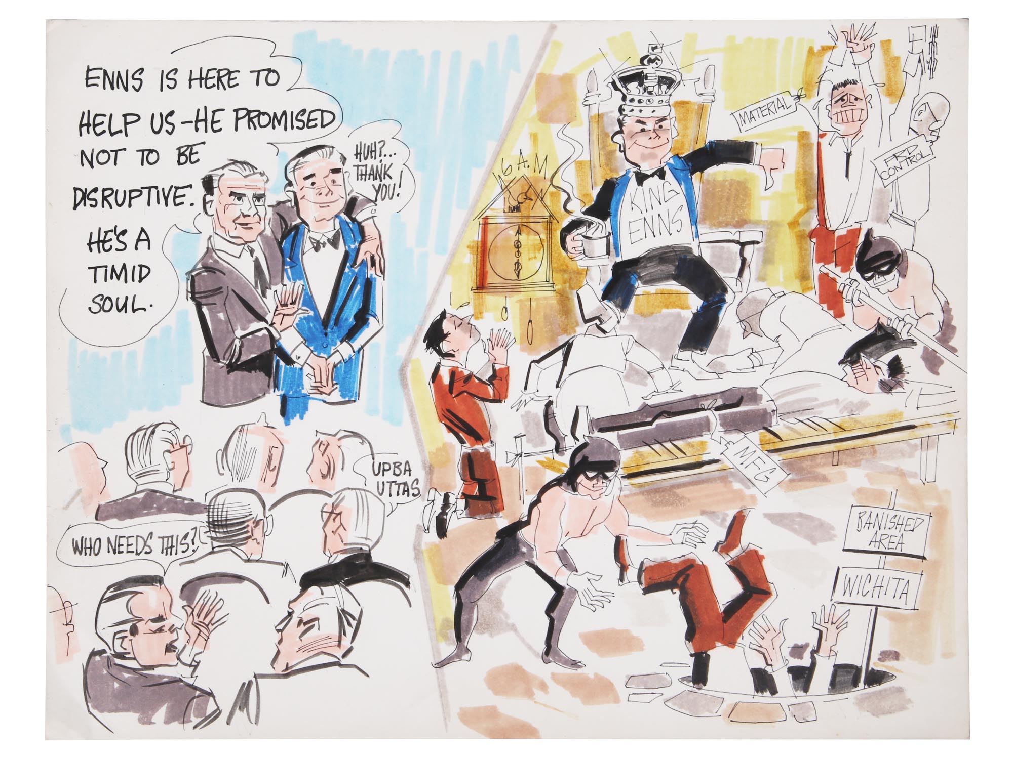 AMERICAN WATERCOLOR POLITICAL CARICATURE PAINTING