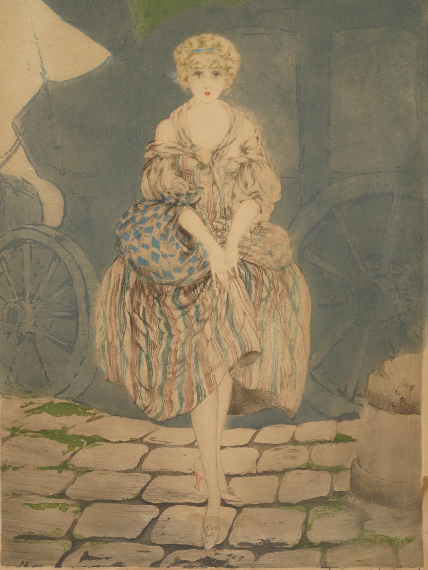 FRENCH COLOR ETCHING LADY CARRIAGE BY LOUIS ICART PIC-1