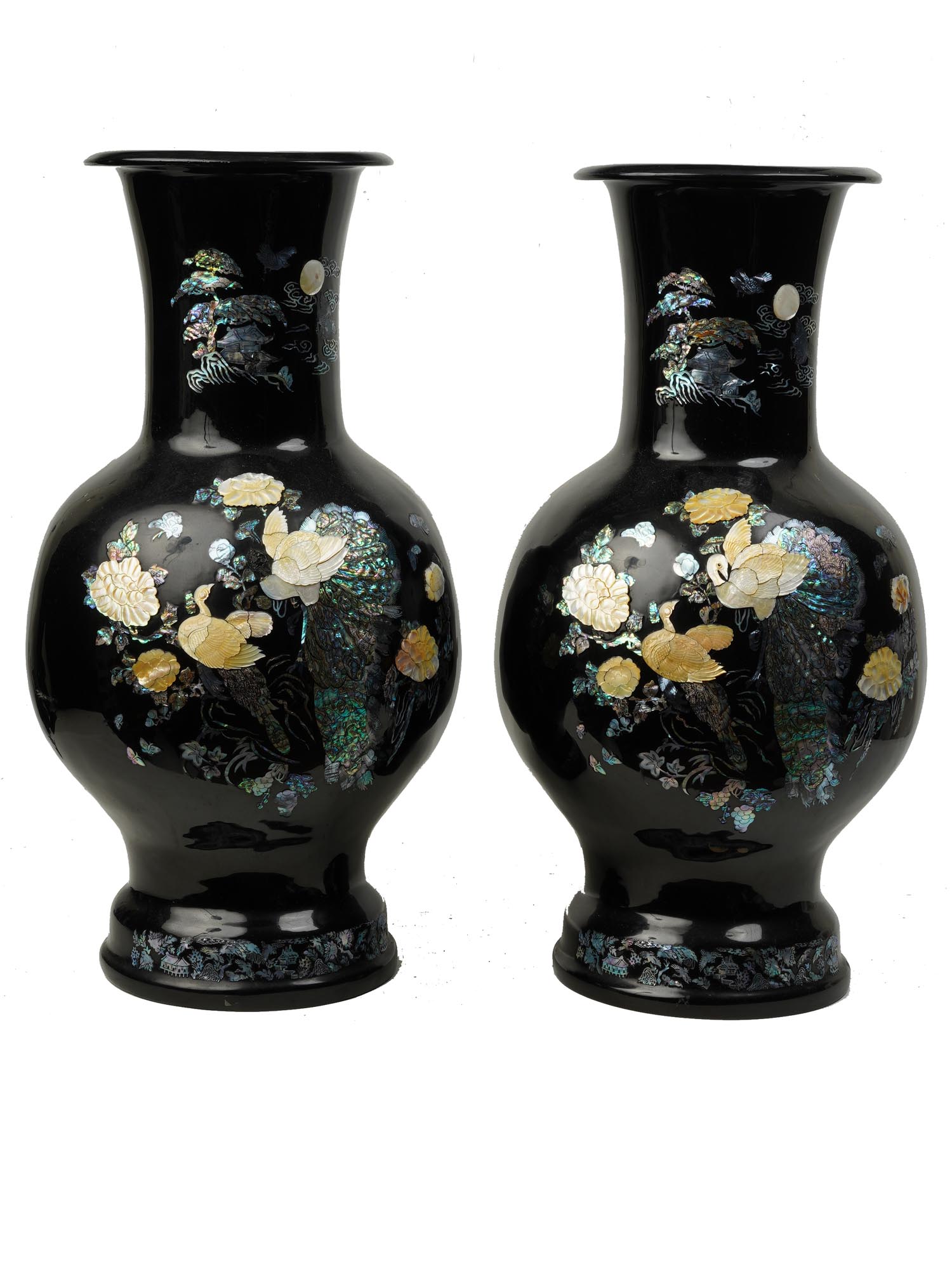 PAIR OF EXTRA LARGE ORIENTAL MOTHER OF PEARL VASE PIC-0